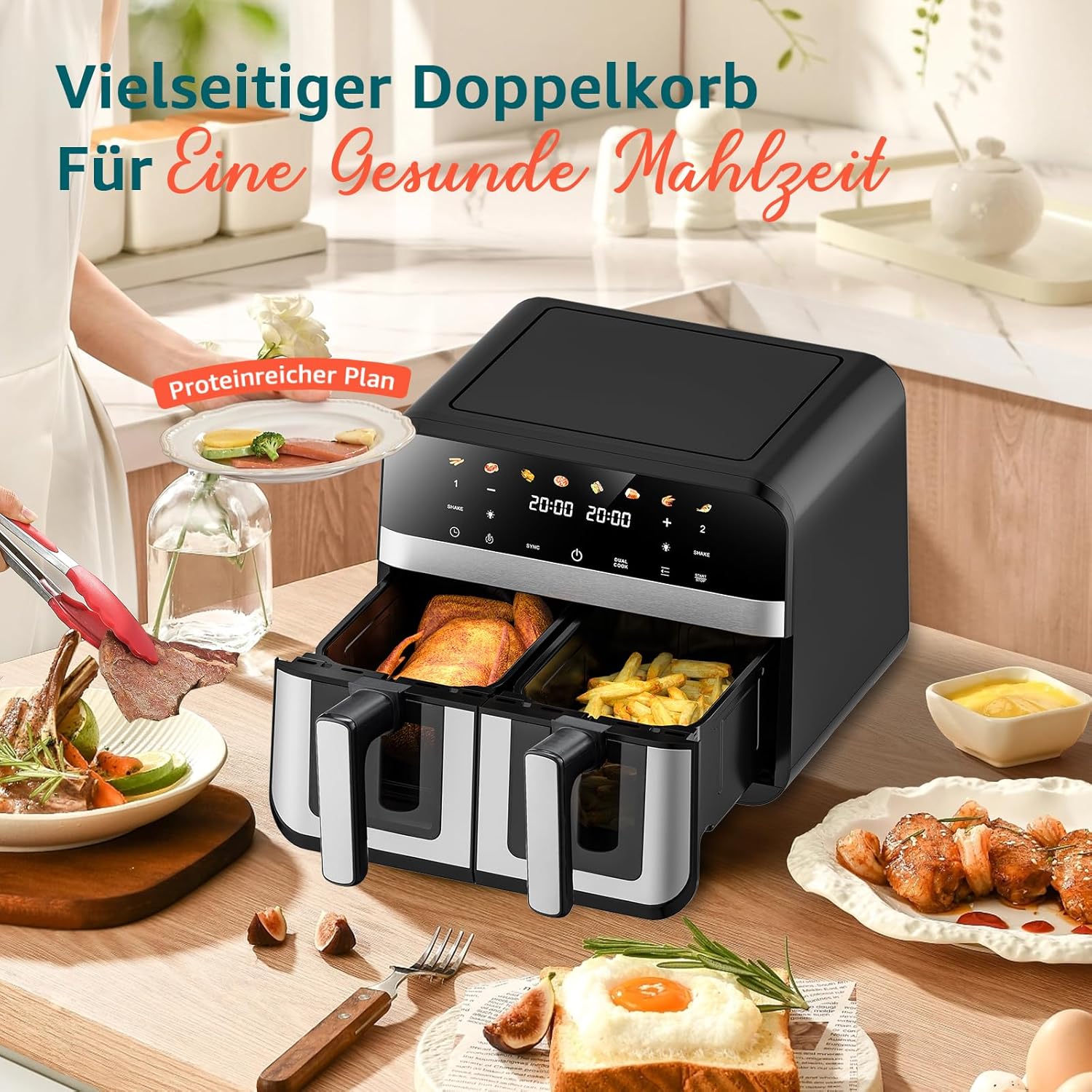 Heißluftfritteuse mit Sichtfenster, 9 Liter, Heißluftfritteuse mit 2 Körben, 8-in-1 digitale Heißluftfritteuse, Smart Fryer, ölfrei, mit Touchscreen | Spülmaschinenfest | 1800 W – Bild 5