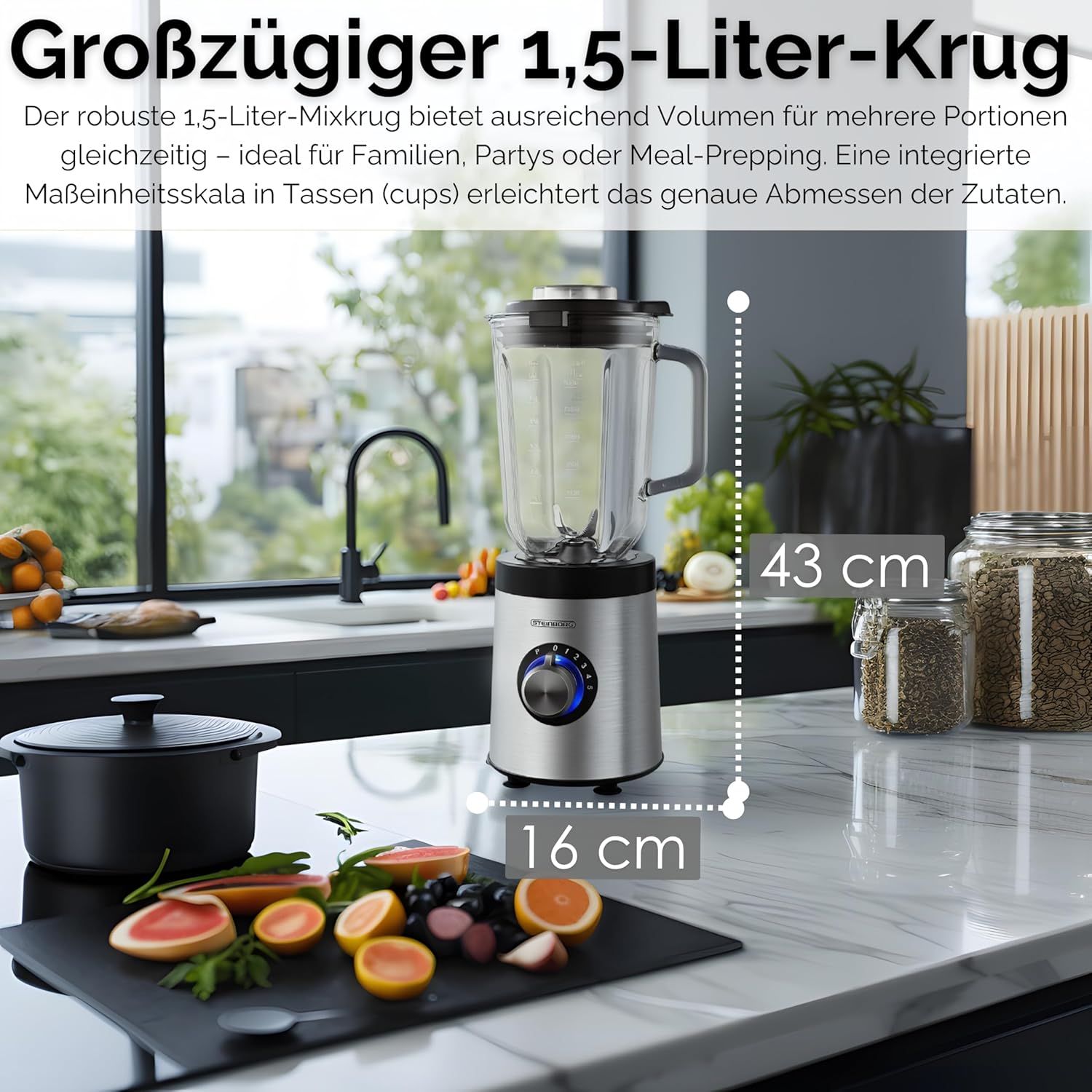 Steinborg Standmixer aus Glas, Edelstahl, 800 Watt, 1,5 Liter Glaskanne, Universal-Powermixer, Smoothie-Maker, Zerkleinerer, Multifunktionsmixer, 6-Wege-Messer, Eiscrusher, 5 Stufen + Pulsfunktion – Bild 6