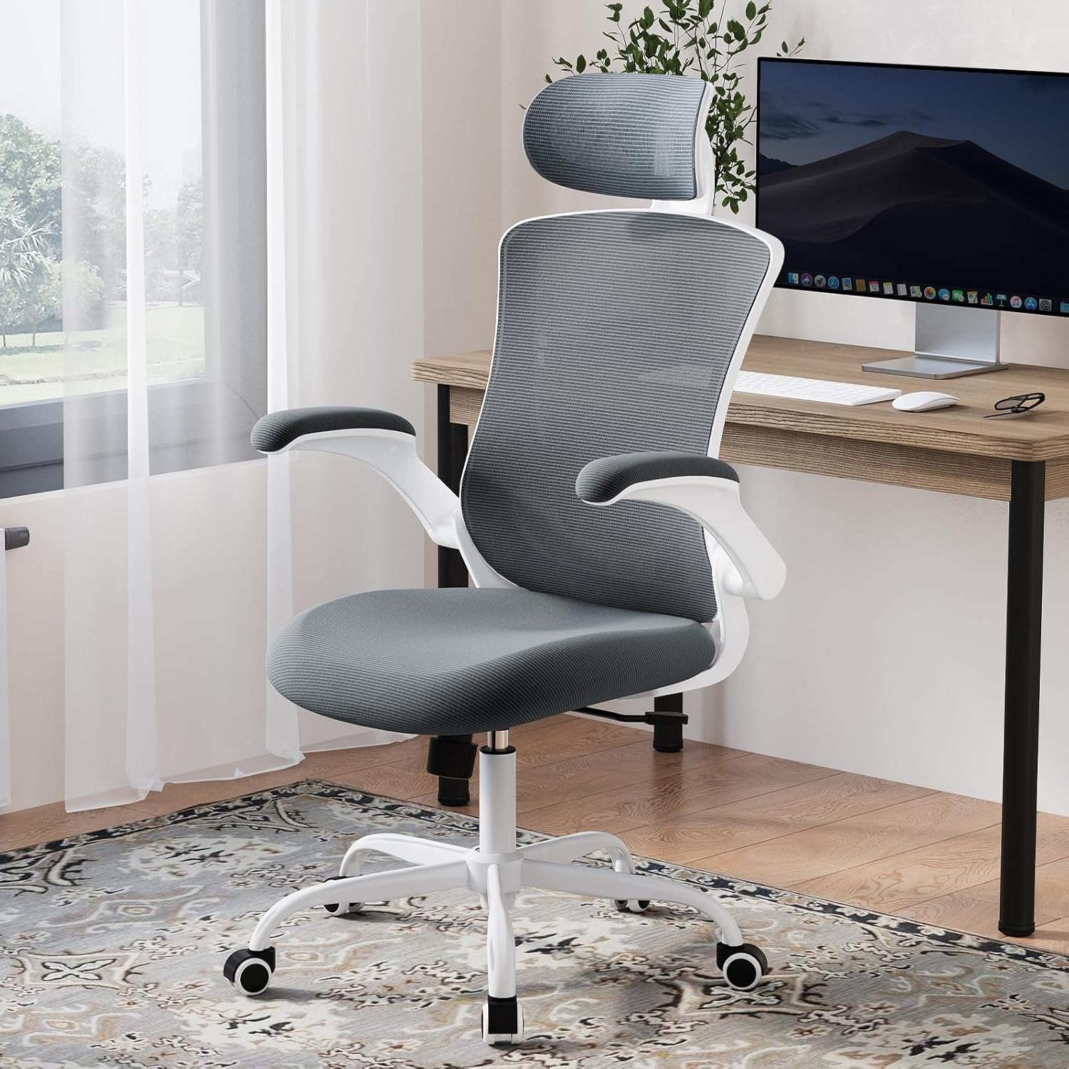 COLAMY Bürostuhl, Netz-Computerstuhl mit verstellbarer Kopfstütze und Lordosenstütze, ergonomischer Arbeitsstuhl mit hochklappbarer Armlehne, 140°-Wippfunktion, Grau – Bild 6