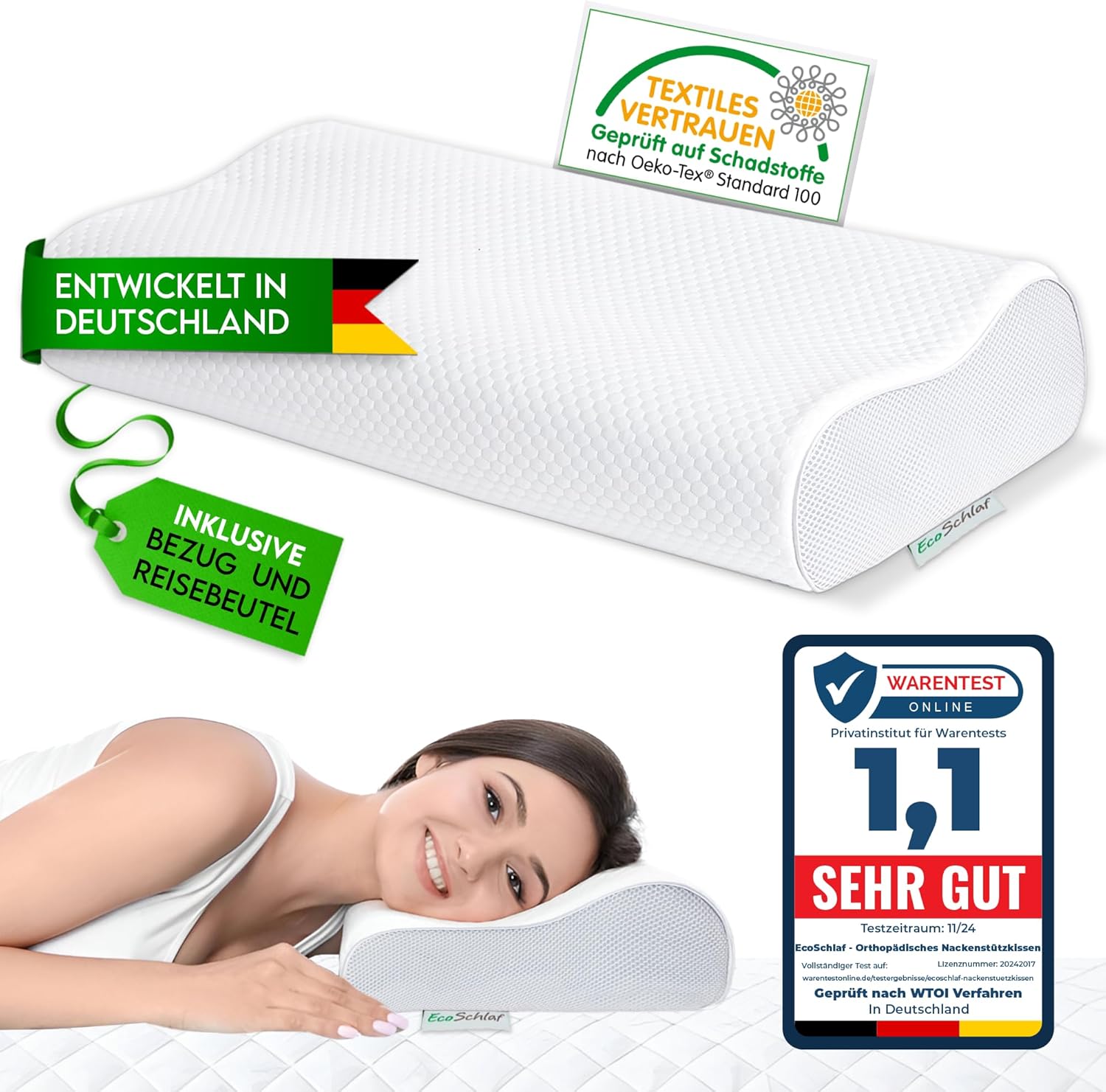Orthopädisches Kissen, Premium Nackenstützkissen, zertifiziert, Seitenschläferkissen, Nackenkissen aus weichem Memory-Schaum, ergonomisches Kissen, Nackenschmerzen, Anti-Schnarch-Kissen (weiß)