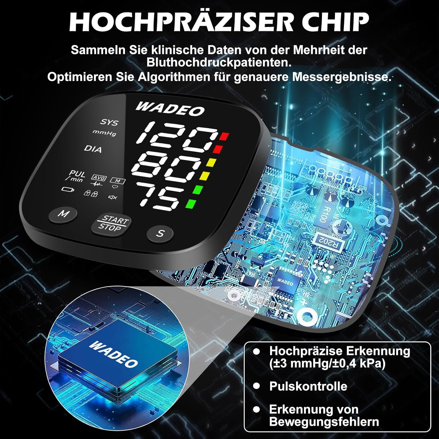 WADEO Digitales Handgelenk-Blutdruckmessgerät mit LCD-Display, Sprachansagefunktion, präzise Messung, 2 x 99 Speicher, tragbares Blutdruckmessgerät mit Arrhythmie-Erkennung für zu Hause oder auf Reisen – Bild 6