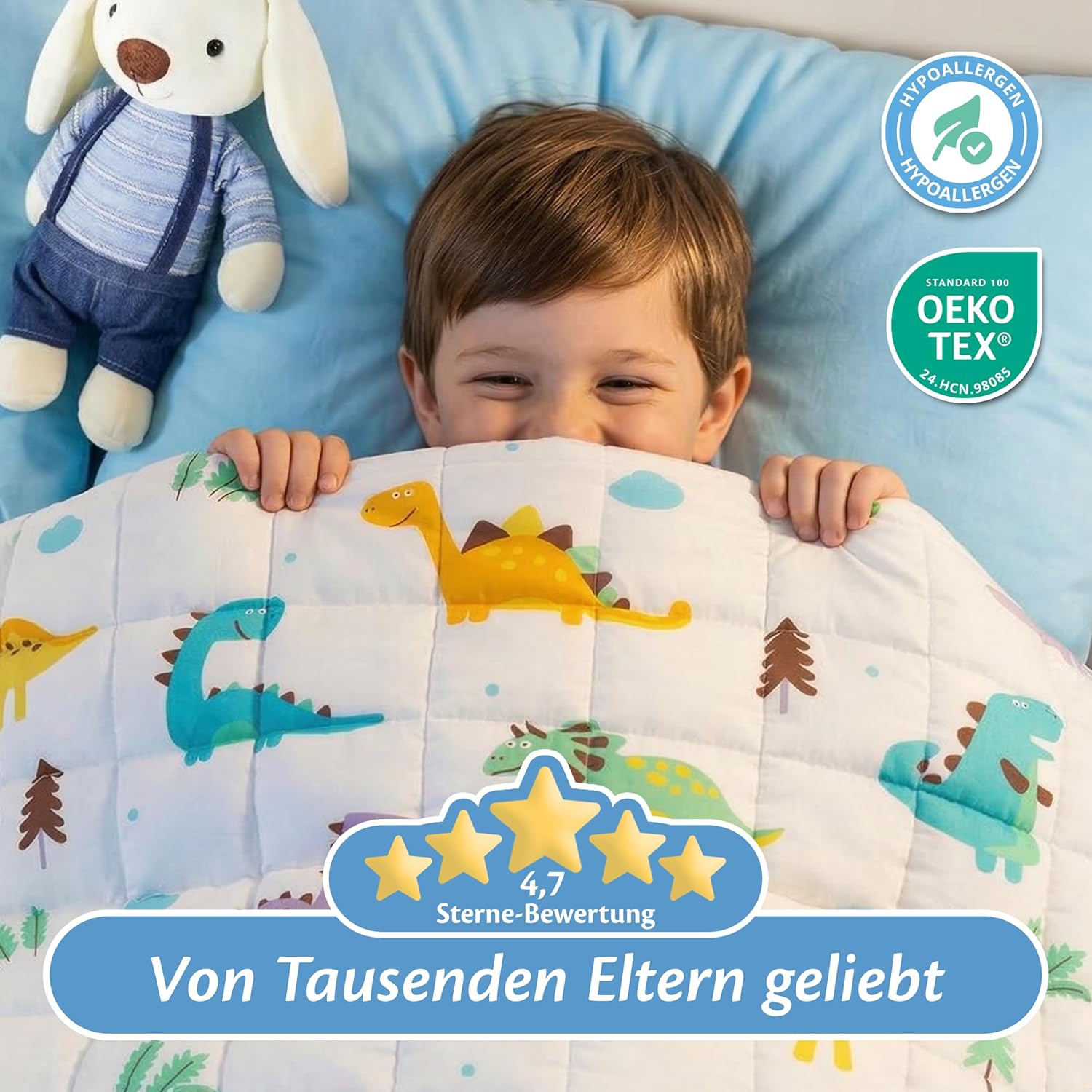 Ella Gewichtsdecke für Kinder, 2,4 kg, 90 x 120 cm – Therapiedecke zum Stressabbau und Angstzuständen, hypoallergene Glasperlen, weiche und kühlende Außenschicht aus Baumwolle für Kinder von 15–25 kg – Dino – Bild 7
