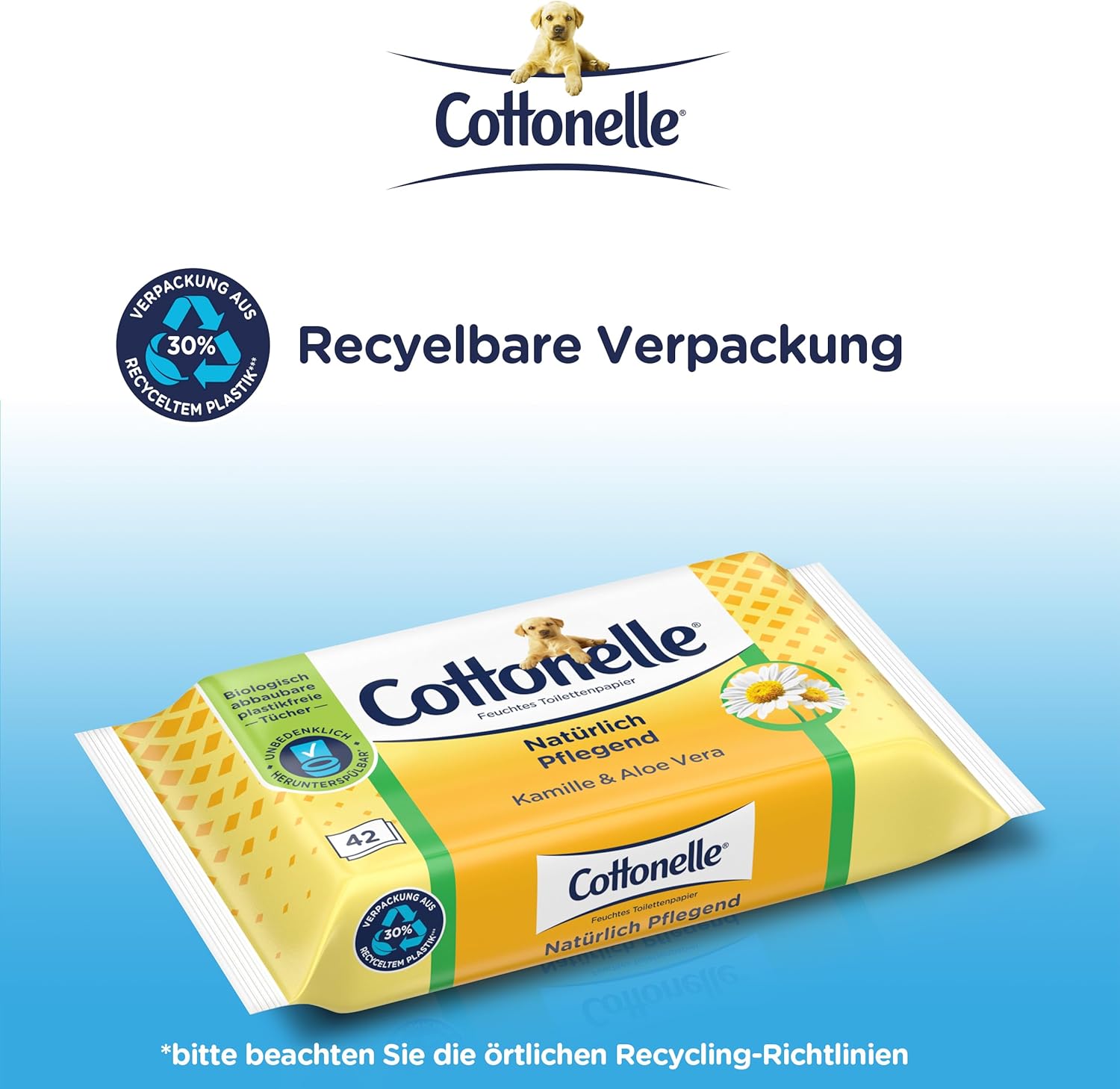 Cottonelle Feuchtes Toilettenpapier, natürlich pflegend – Kamille und Aloe Vera, biologisch abbaubar, plastikfrei, wiederverschließbar, Vorteilspackung, 12 x 42 Feuchttücher – Bild 5