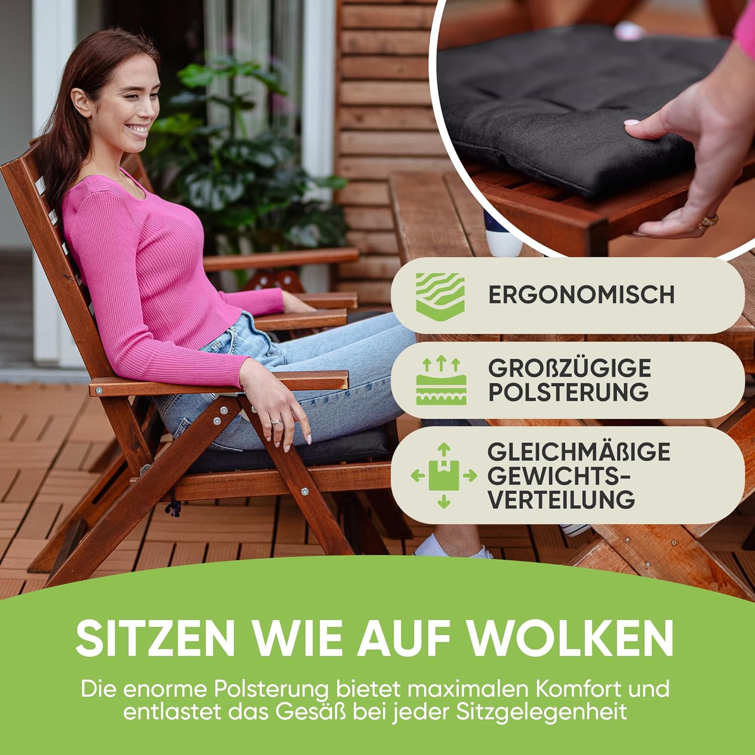 Gräfenstayn 4er-Set Sitzkissen 40 x 40 x 3 cm mit Bändern für den Innen- und Außenbereich mit Öko-Tex-Siegel (Graphit) – Bild 2