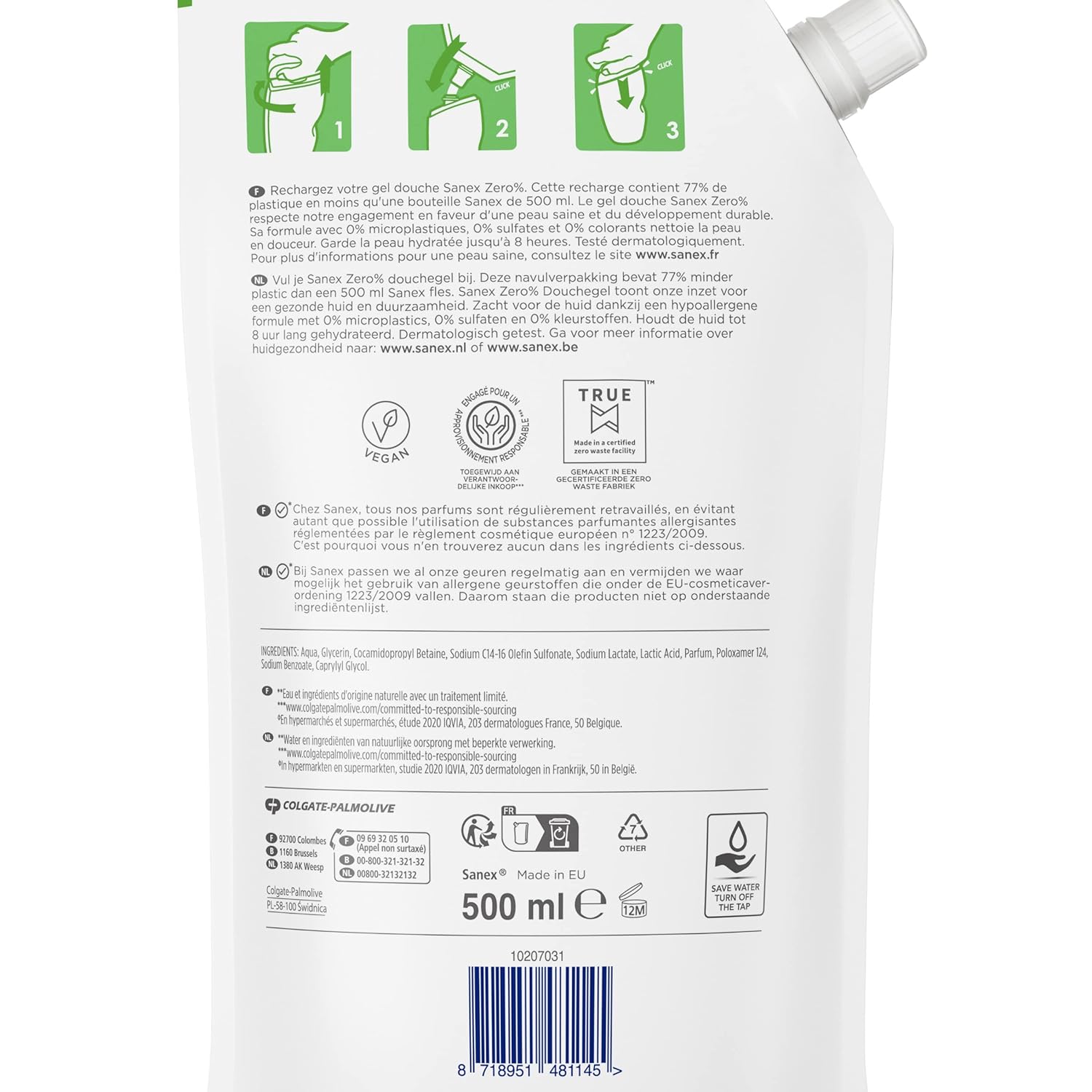 SANEX – Null% feuchtigkeitsspendendes Duschgel – alle Hauttypen – Öko-Nachfüllpack Duschgel – 500 ml – Bild 3