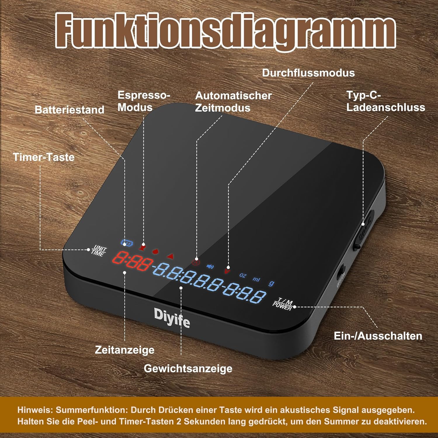 Diyife Digitale Mini-Kaffeewaage mit Timer, 0,1 g hochpräzise wiederaufladbare tragbare Espressowaage, dreiteiliges Display, selbststartend, lautlos und Signalton, für Übergießen, Espresso – Bild 7