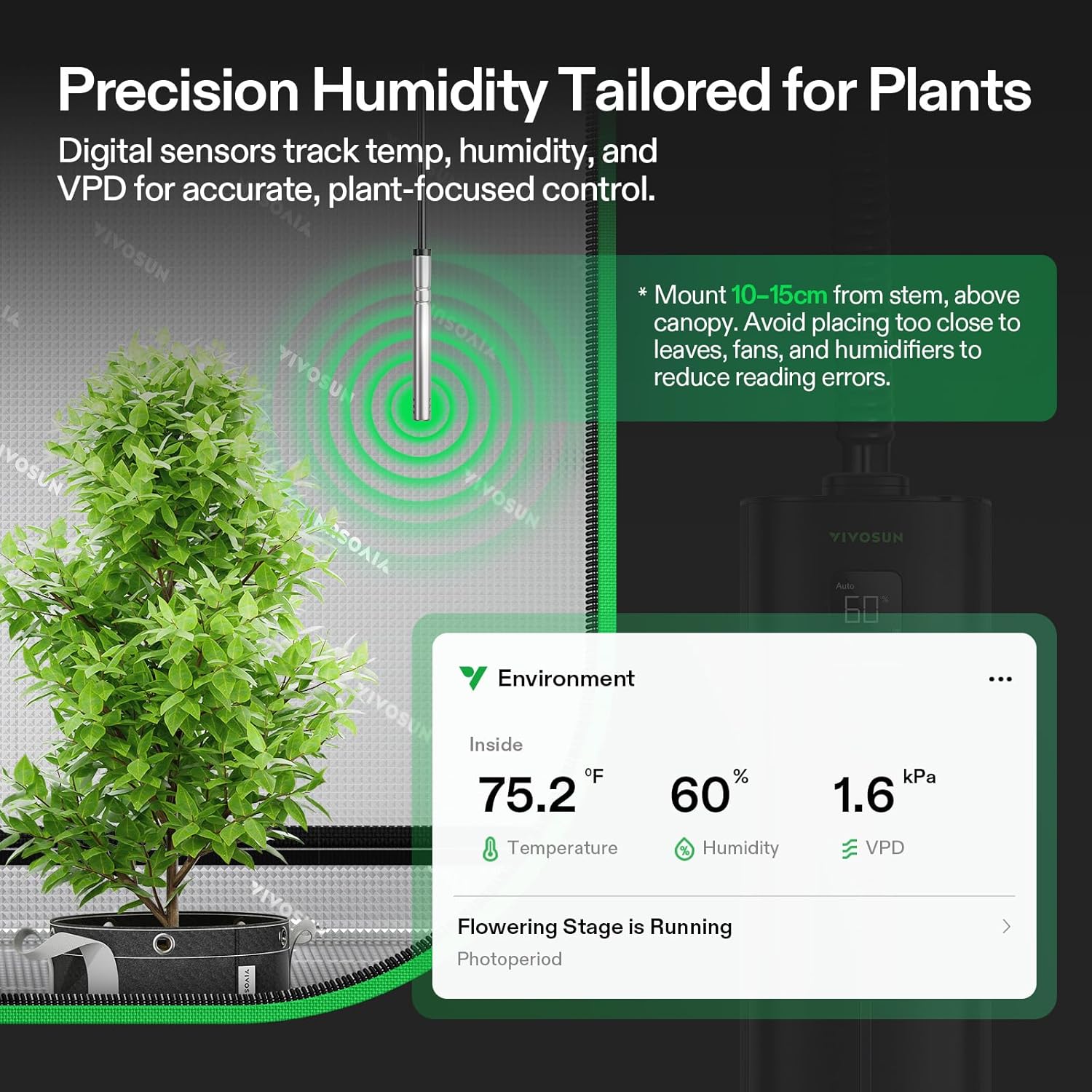 VIVOSUN Pflanzenbefeuchter, 9 l, intelligenter Luftbefeuchter für Pflanzen, intelligente Fernbedienung, VPD-Steuerung, AeroStream H09, 360° kühler Nebel, 60 Stunden, langlebiger Ultraschall-Luftbefeuchter mit Top-Füllung, entwickelt für Wachstumszelte – Bild 4