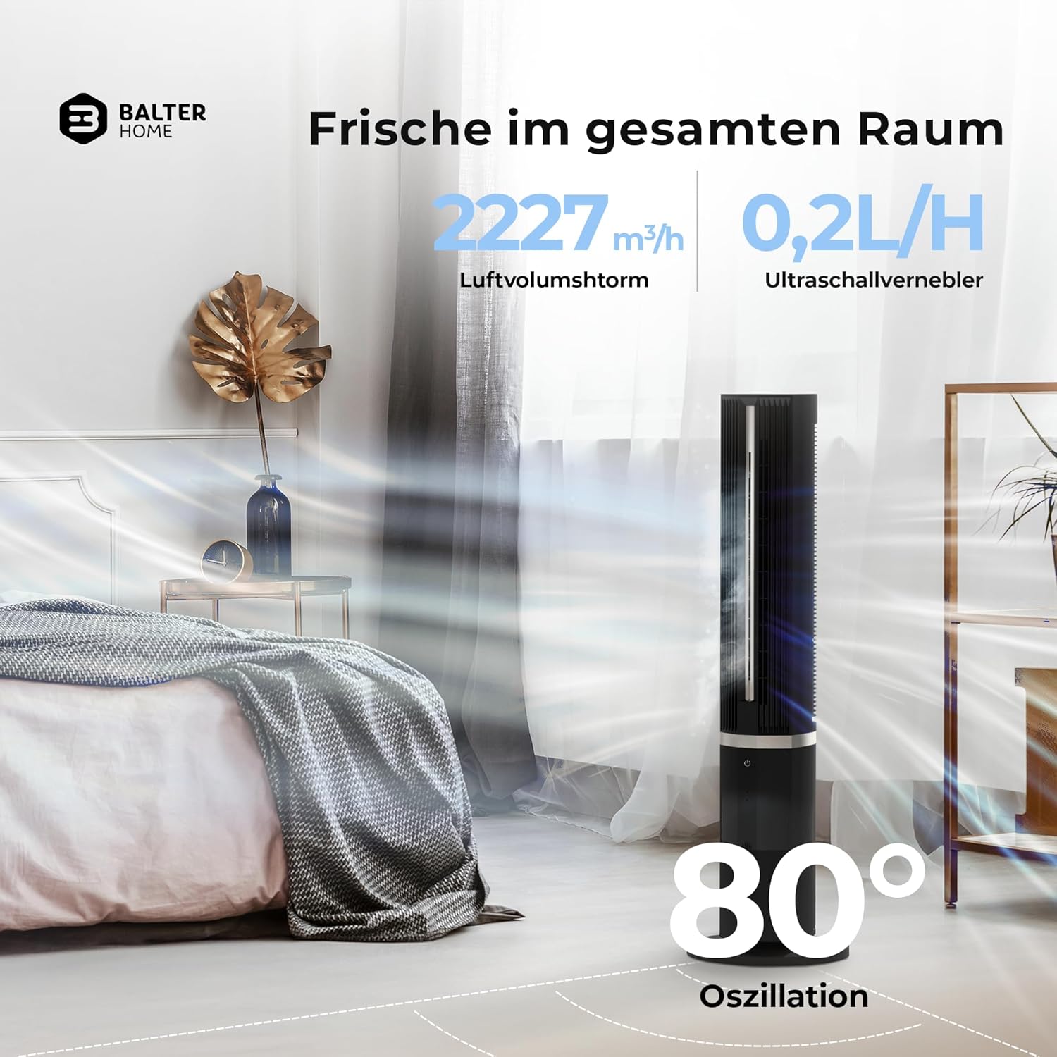 Balter 5-in-1 mobiles Klimagerät ohne Abluftschlauch – Ventilator mit Wasserkühlung – Luftkühler & Luftreiniger, Luftbefeuchter – Turmventilator mit Wasserkühlung – Timer – sehr leise – Bild 7