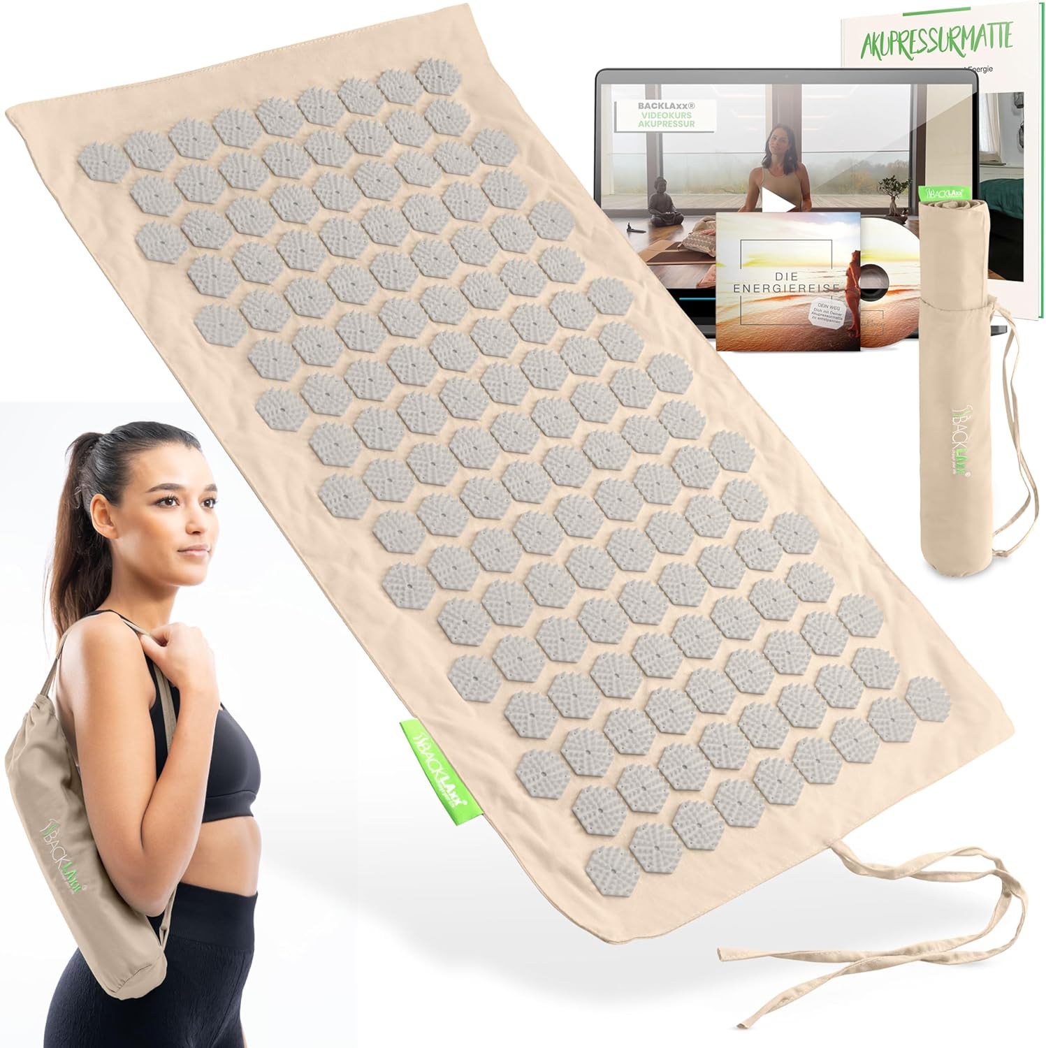 BACKLAXX Akupressurmatten-Set mit Tasche (To-Go), ideal für das Handgepäck auf Reisen, Akupunkturmatte mit Spikes zur Massage, Entspannung von Nacken und Schulter, Massagematte Rücken
