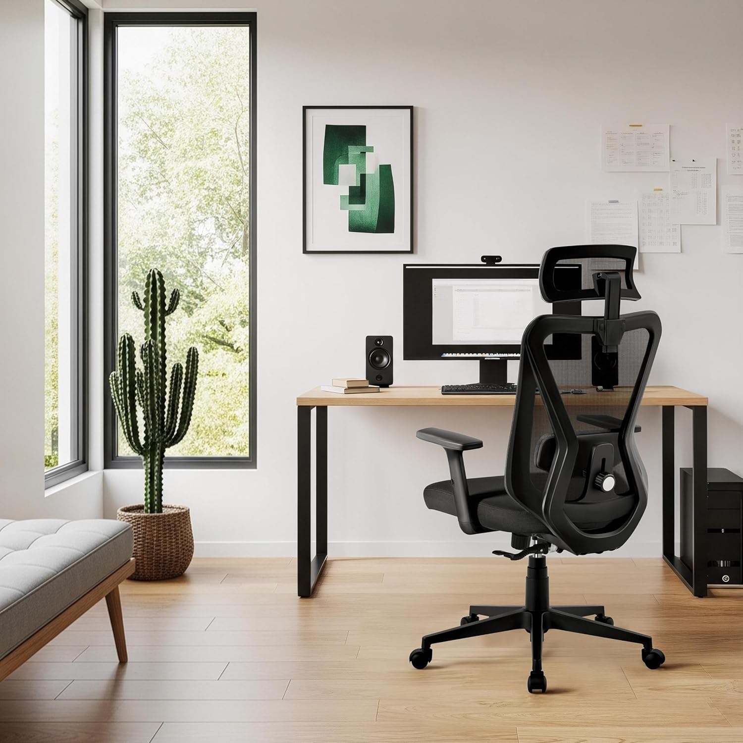 Yaheetech Ergonomischer Bürostuhl, höhenverstellbarer Schreibtischstuhl mit atmungsaktiver Netzrückenlehne, verstellbaren Armlehnen, Kopfstütze und Lordosenstütze, Wippfunktion bis 130°, Home Office, Schwarz – Bild 4
