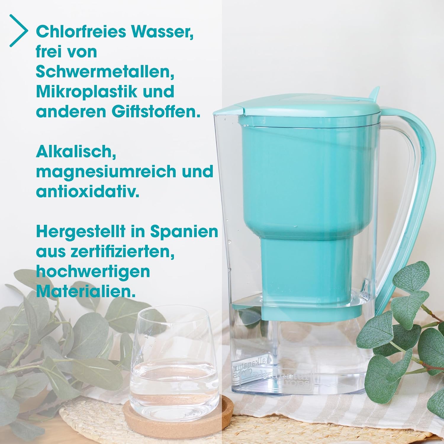 Wasserfilterkrug grün für Leitungswasser mit geringem Magnesiumausstoß, filtert Wasser, unterstützt die Ionisierung und setzt Magnesium ab pH 9 frei. 1,4 Liter Fassungsvermögen, filtert Kalk, Chlor und Metalle ohne – Bild 5