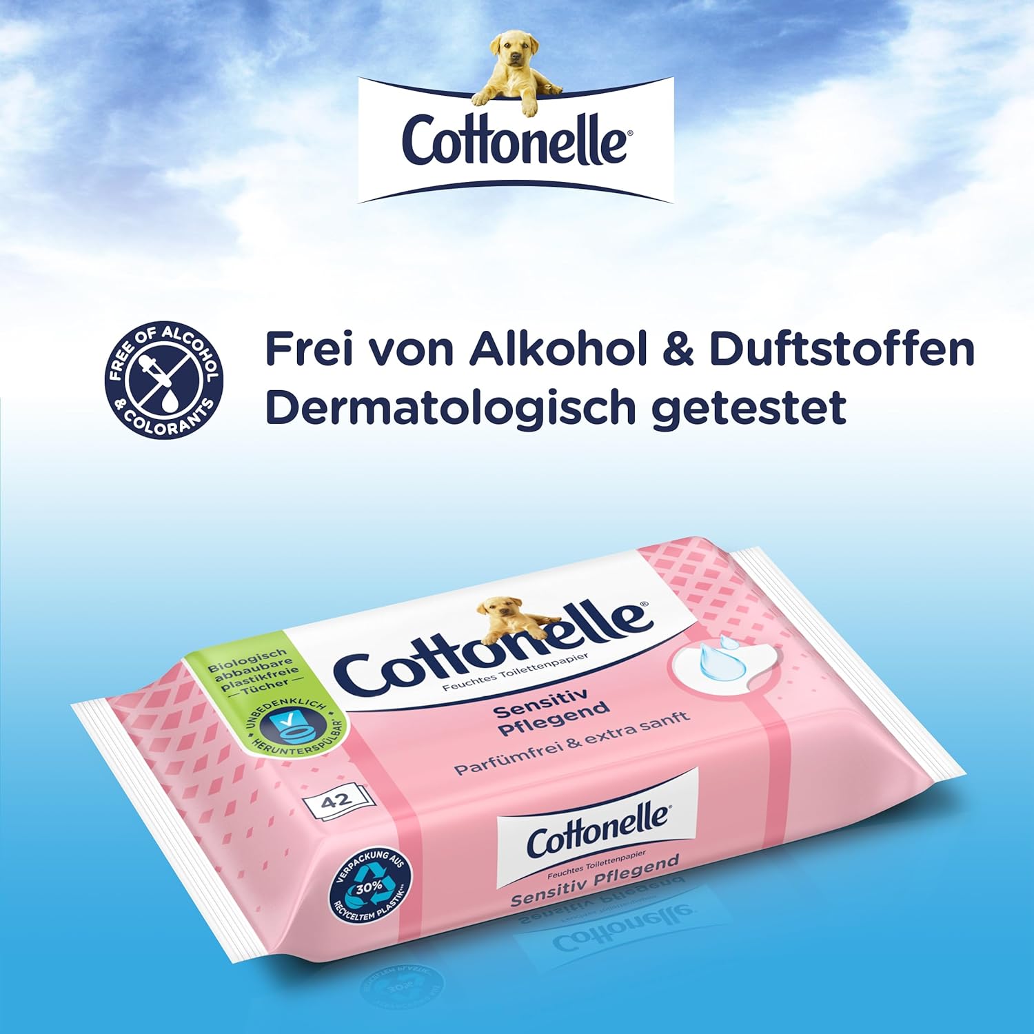 Cottonelle Feuchtes Toilettenpapier, empfindlich pflegend – parfümfrei, biologisch abbaubar, plastikfrei, wiederverschließbar, Vorteilspackung, 12 x 42 Feuchttücher – Bild 4