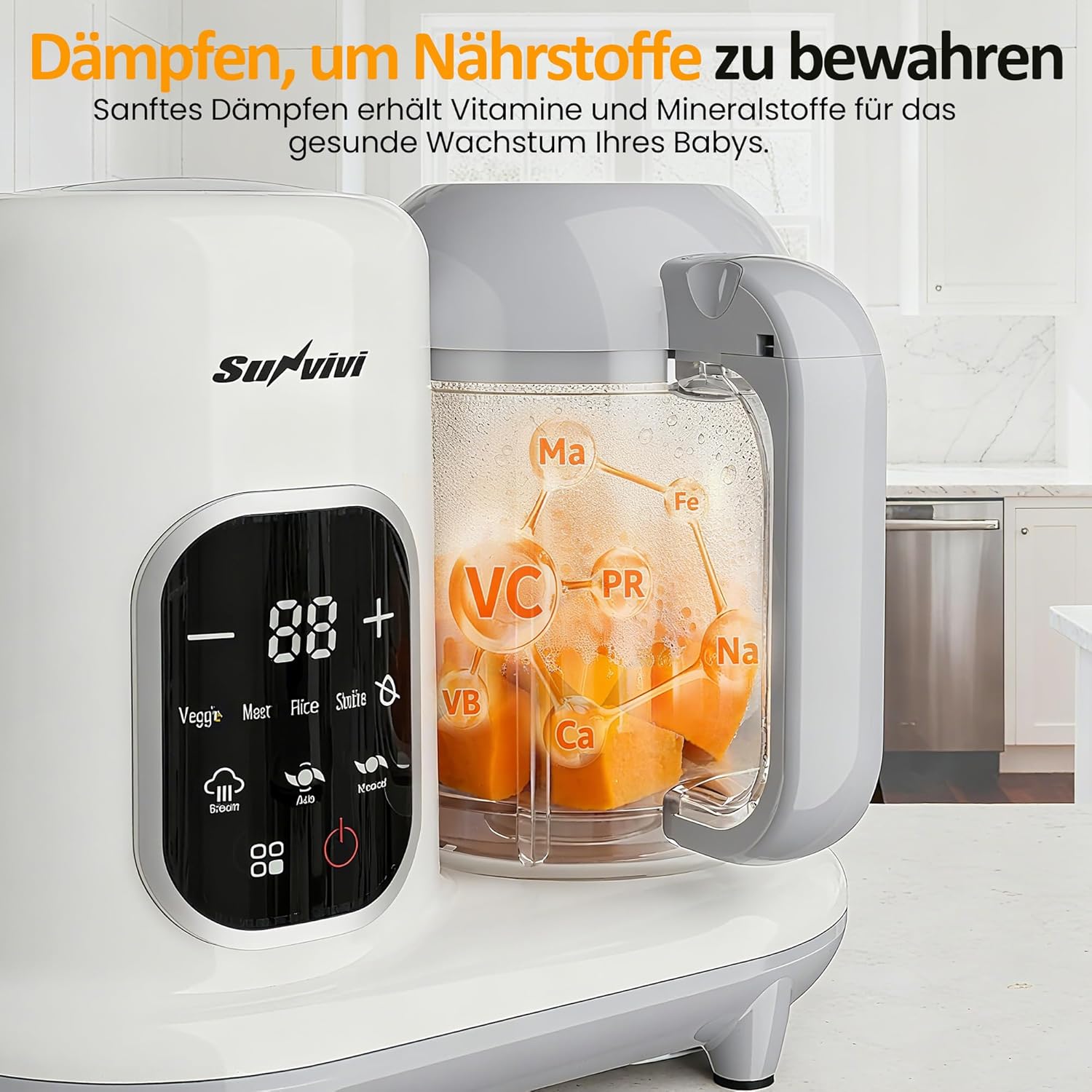 Sunvivi Babynahrungszubereiter 8-in-1 mit Dampfgarer und Mixer, 350 g Babynahrungszubereiter mit großer Kapazität, multifunktionaler Babybreibereiter mit LCD-Display, Sterilisator, Wärmer und Auftaufunktion – Bild 7