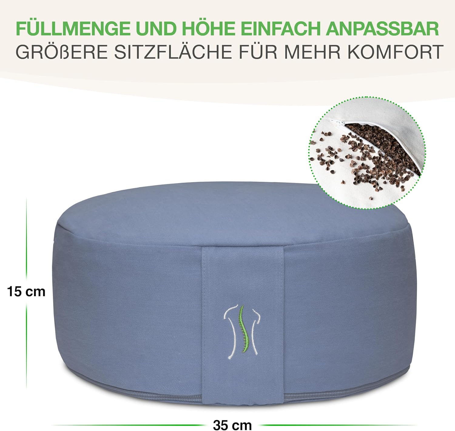 BACKLAxx Yogakissen Meditationskissen XL 35 cm 30% mehr Sitzfläche 15 cm hoch mit Buchweizenfüllung Yoga Sitzkissen Unterlage Perfektes Meditationszubehör Yogakissen rund inkl. Videokurs – Bild 3