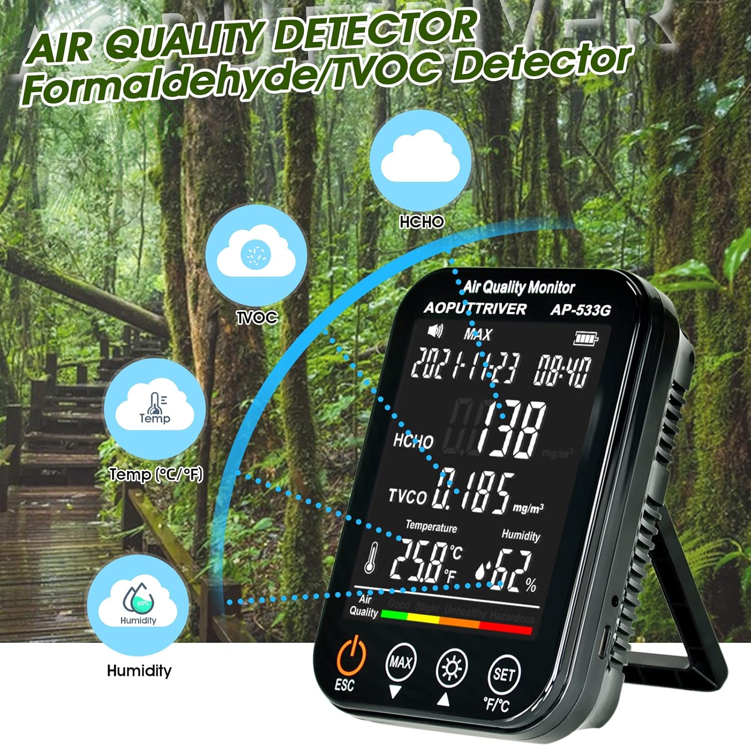 Formaldehyd-Detektor, Lufttests, genauer Test für Formaldehyd (HCHO)/TVOC, Professional 4-i-1 für Inomhusbruk Med Formaldehyd, TVOC, Temperatur (°F/°C), Überprüfung für Hemmakontor UK-AP-533G – Bild 5