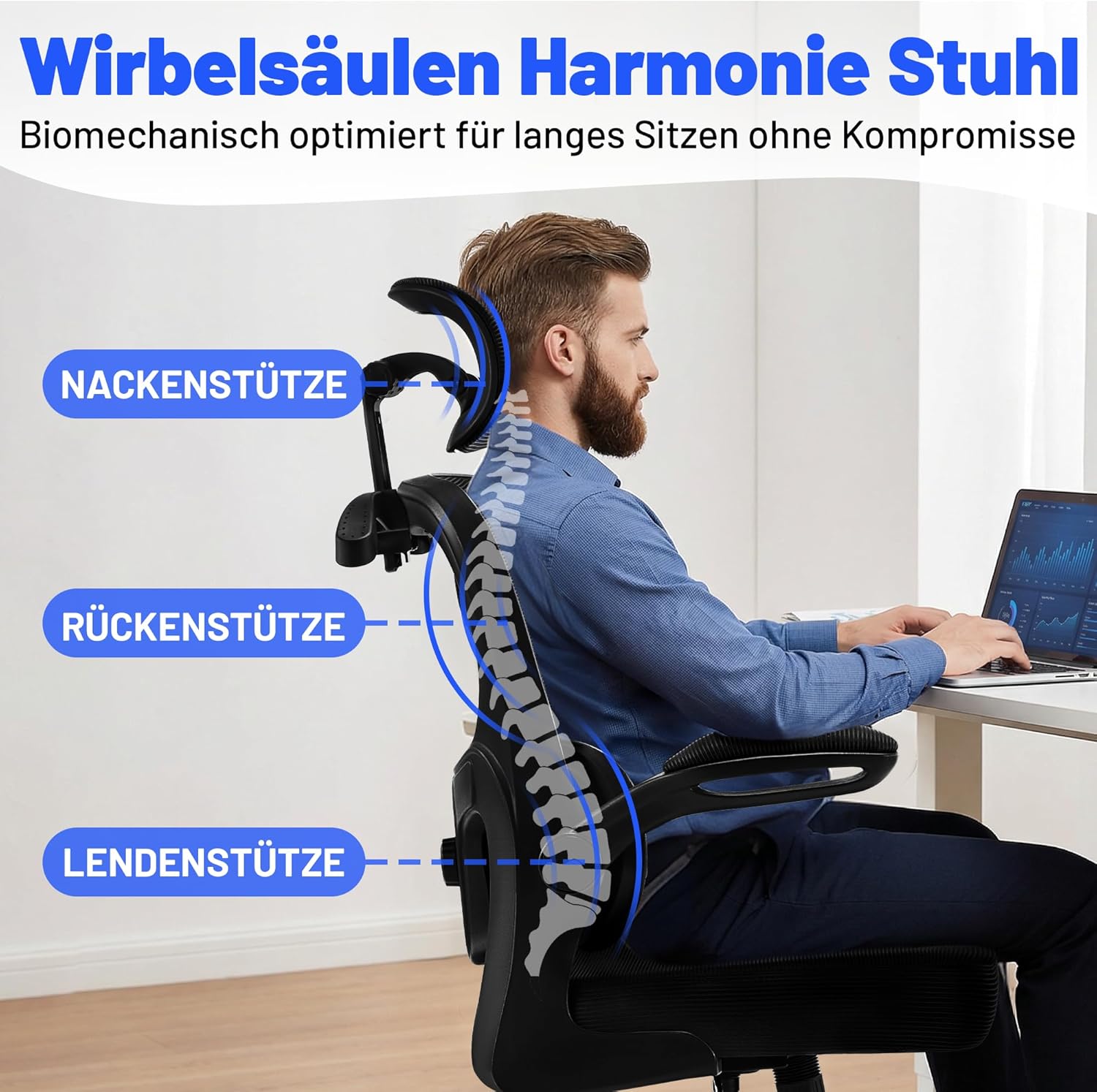 Ergonomischer Bürostuhl mit Kopfstütze, verstellbarer Lordosenstütze & Netzbezug, höhenverstellbarer Drehstuhl bis 150 kg, Computerstuhl ideal für Büro und Home Office, Schwarz – Bild 6
