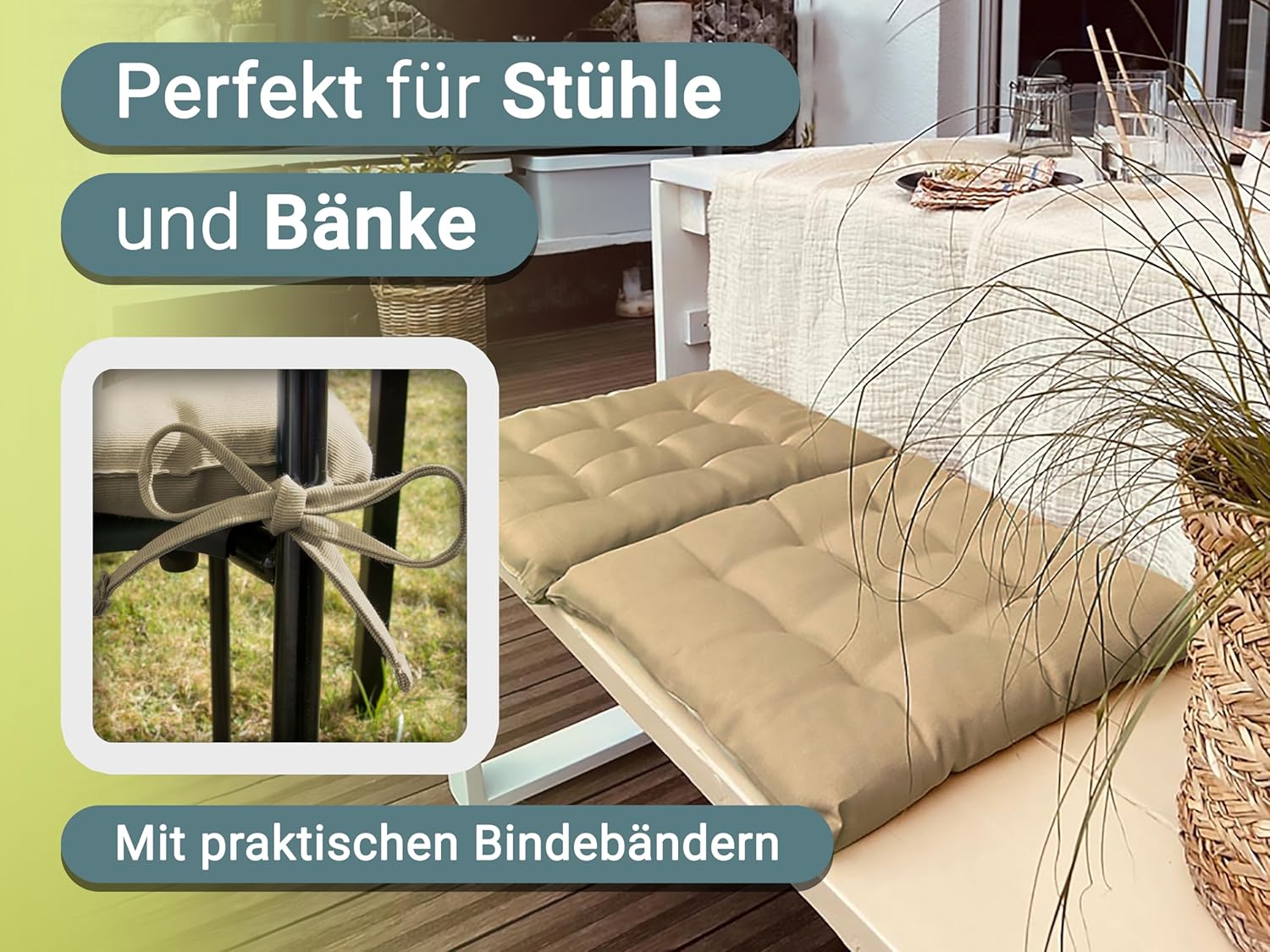 Zollner 4er Set Stuhlkissen mit Bändern 40 x 40 cm Sand – Bild 2