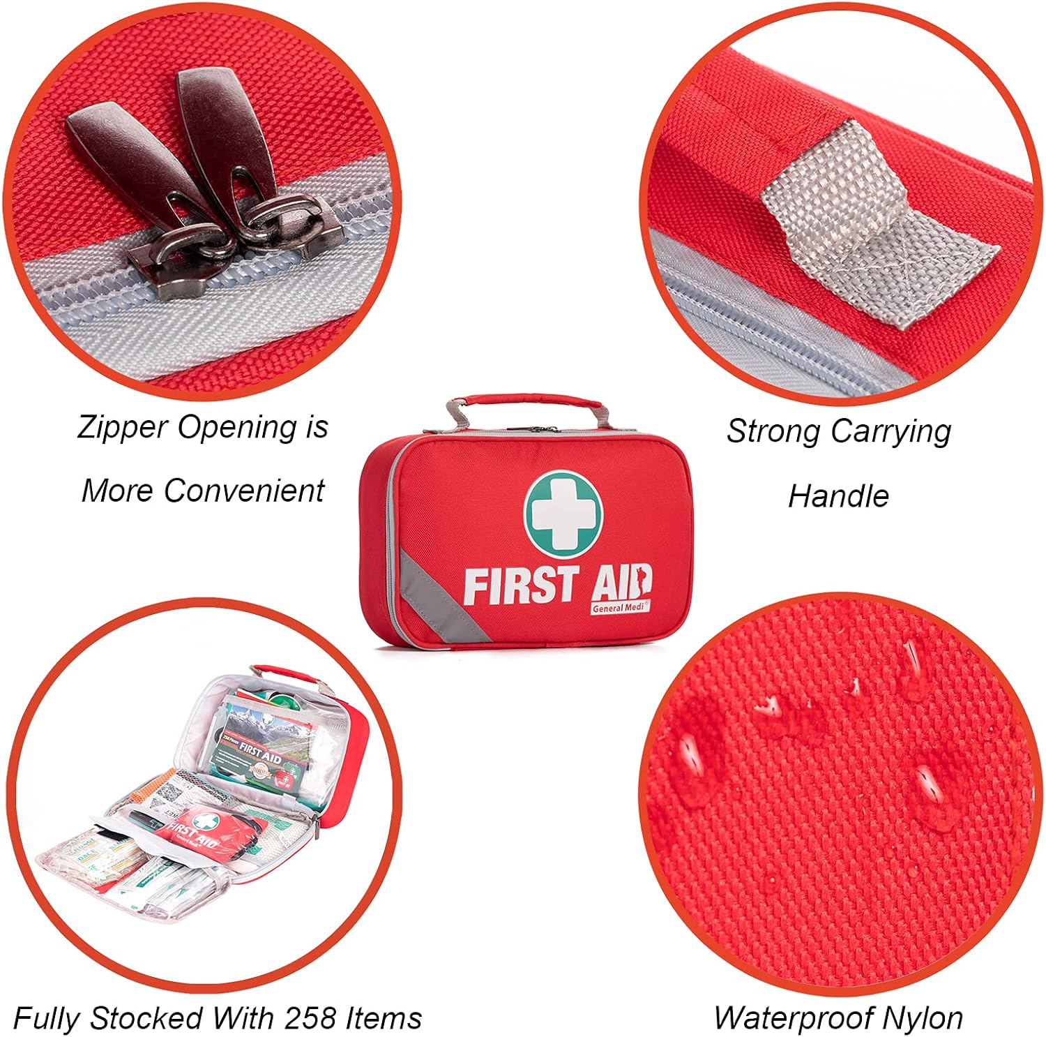General Medi 2-in-1-Erste-Hilfe-Set, 215-teiliges Premium-Erste-Hilfe-Set mit einem 43-teiligen Mini-Erste-Hilfe-Set für Zuhause, Auto, Reisen, Büro, Sport, Wandern, Camping, Rettung (rot) – Bild 3