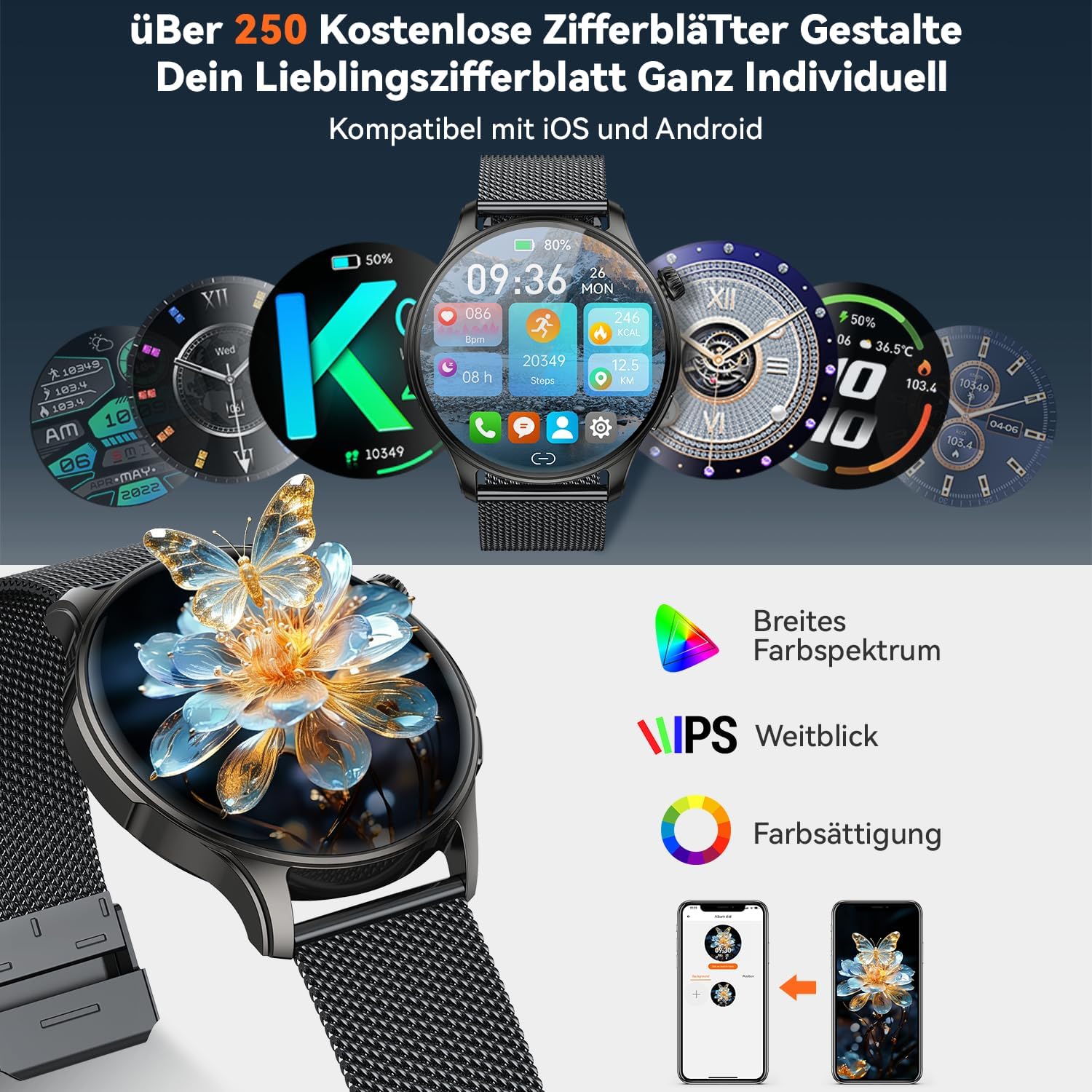 Smartwatch Herren Damen Fitnessuhr mit Telefonfunktion: Bluetooth Anrufuhr Wasserdicht Fitness Tracker Smartwatch mit Herzfrequenz Schlafmonitor Schrittzähler Sportuhr Uhren Android iOS – Bild 6