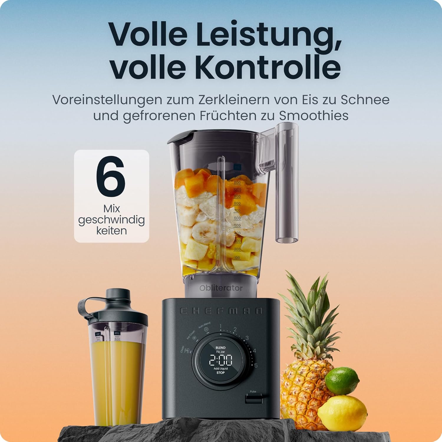Chefman Obliterator 1,2-l-Mixer für Smoothies, 1380-W-Motor zum Zerkleinern von Eis, Nüssen und gefrorenen Früchten mit Edelstahlklinge, automatische Mischfunktion, inklusive 600-ml-Reisebehälter – Midnight – Bild 9