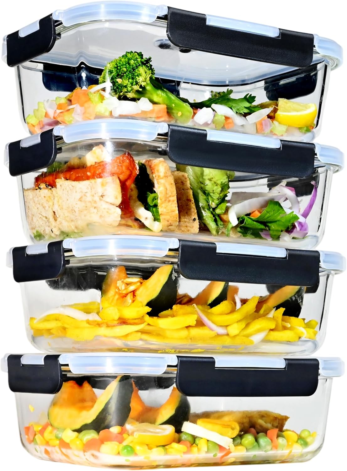 ERUIV Meal Prep Boxen Glas, (4 Behälter + 4 Deckel) Meal Prep Glas 1520 ml, Frischhaltedosen Glas, Gefrierbehälter Set mit Dampfventil, Glasdose transparent mit Deckel, BPA-freies Vorratsdose Glas