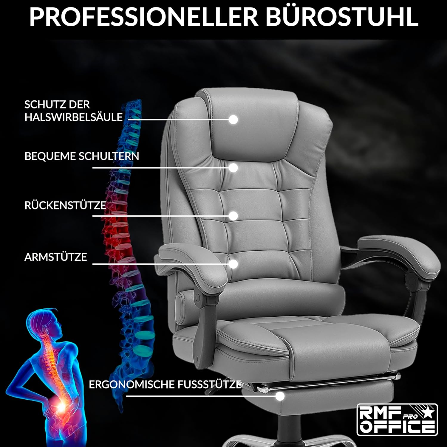 RMF Ergonomischer Profi-Bürostuhl, neigbarer, bequemer und entspannender Schreibtischstuhl mit Fußstütze, Liegestuhl mit drehbaren Rädern, höhenverstellbar, Grau – Bild 4