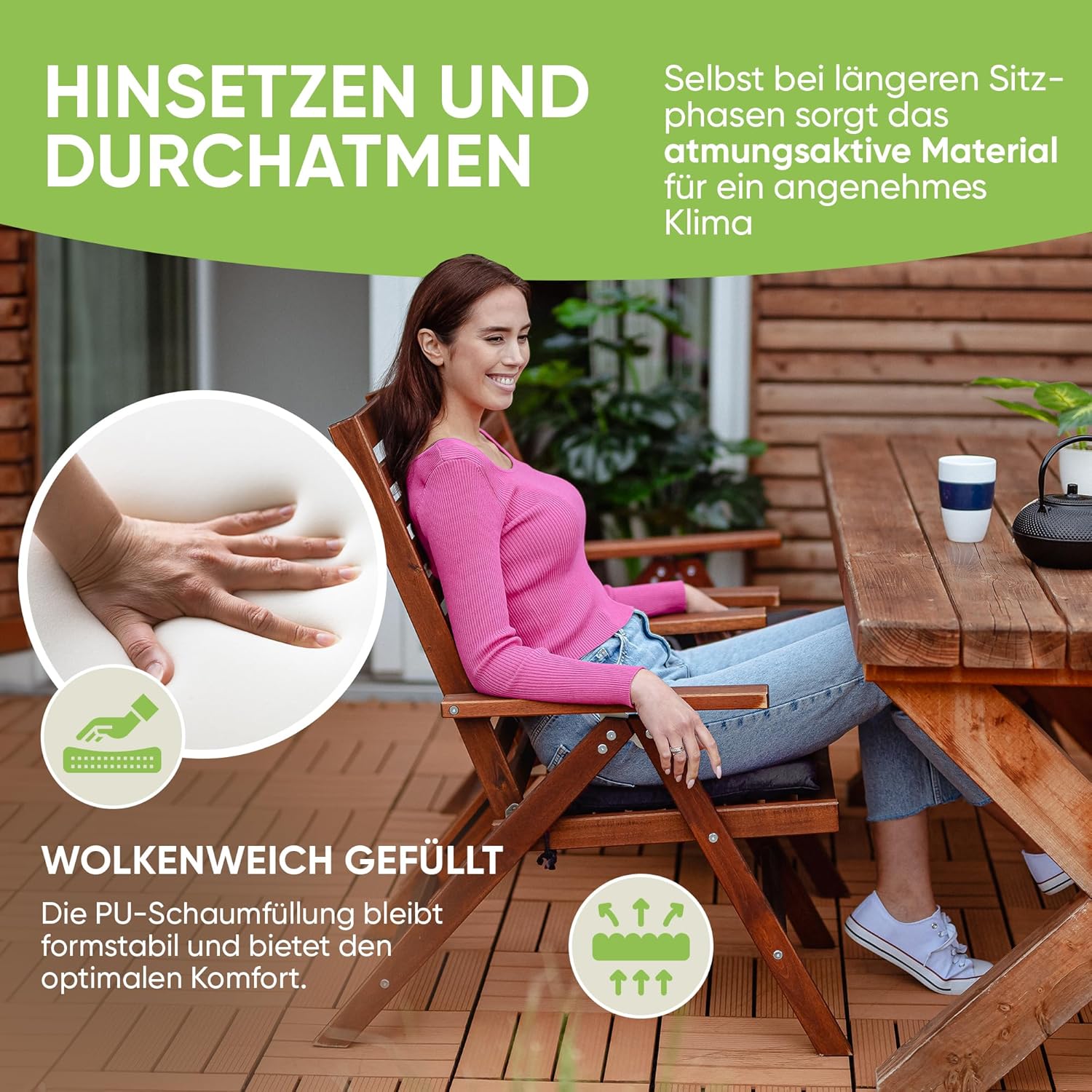 Gräfenstayn 4er-Set Sitzkissen 40 x 40 x 3 cm mit Bändern für den Innen- und Außenbereich mit Öko-Tex-Siegel (Graphit) – Bild 3