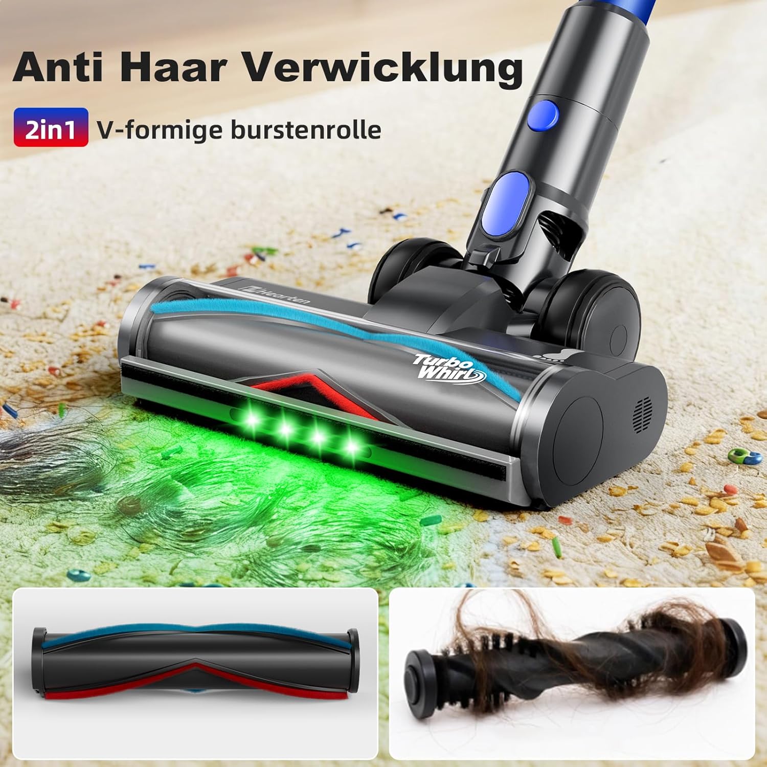 Hearten Akku-Staubsauger, 70.000 Pa/600 W/65 Min., 4 Stufen, Schmutzsensor, 1,8 l, kabelloser Staubsauger mit Farbdisplay, Anti-Haarbürste, 8-Stufen-Filter, Schlauch für Tierhaare/Teppiche/Hartböden/Auto – Bild 5