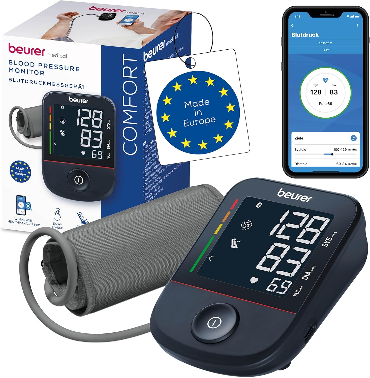 Beurer BM 48 Oberarm-Blutdruckmessgerät, einfache Ein-Knopf-Bedienung, schonende & schnelle Messung, Arrhythmie-Erkennung, Manschette, mit App, Datenübertragung an Apple Health und Co., schwarz