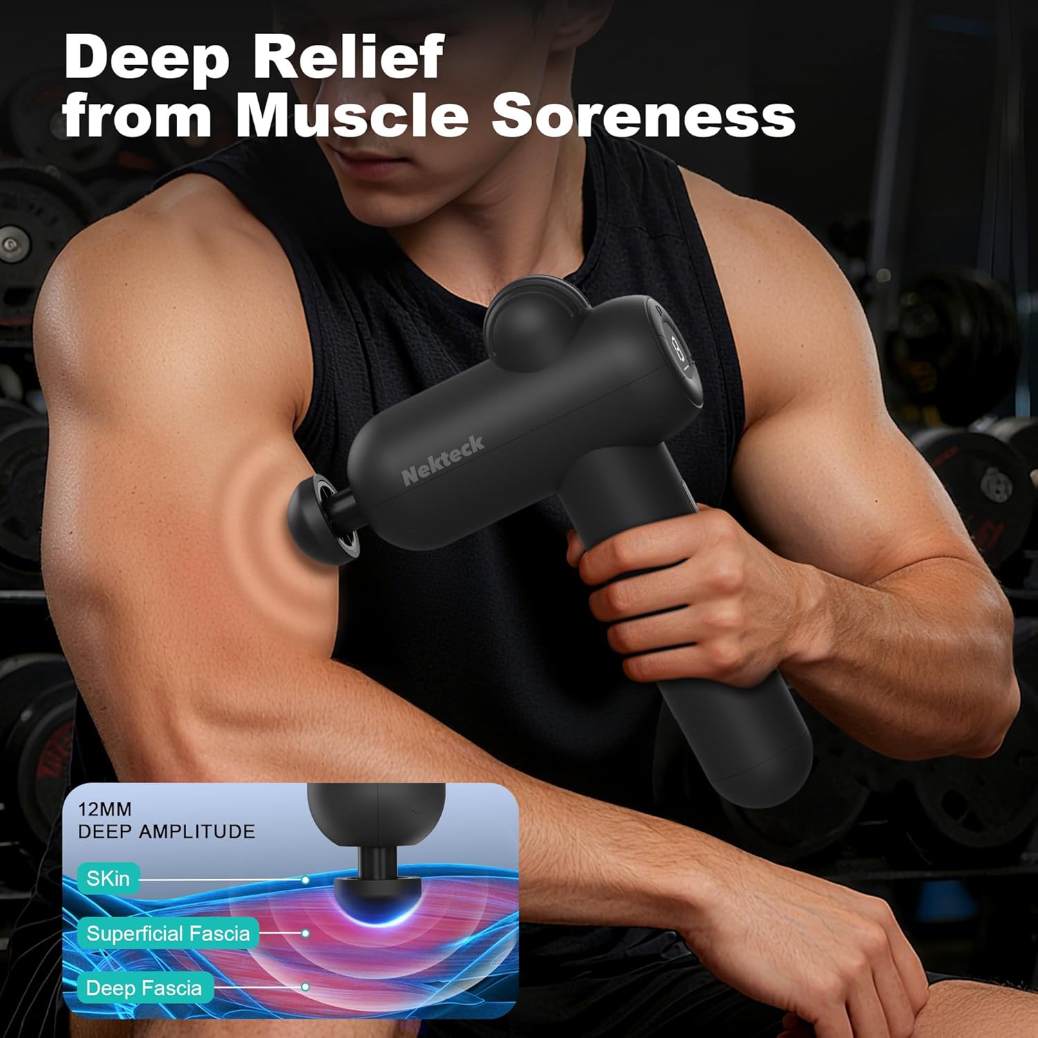 Nekteck Massagepistole, Muskel-Percussion-Massagepistole für Sportler, tragbare Hand-Tiefengewebe-Massagepistole mit 5 einstellbaren Geschwindigkeiten und 6 Massageköpfen – Bild 2