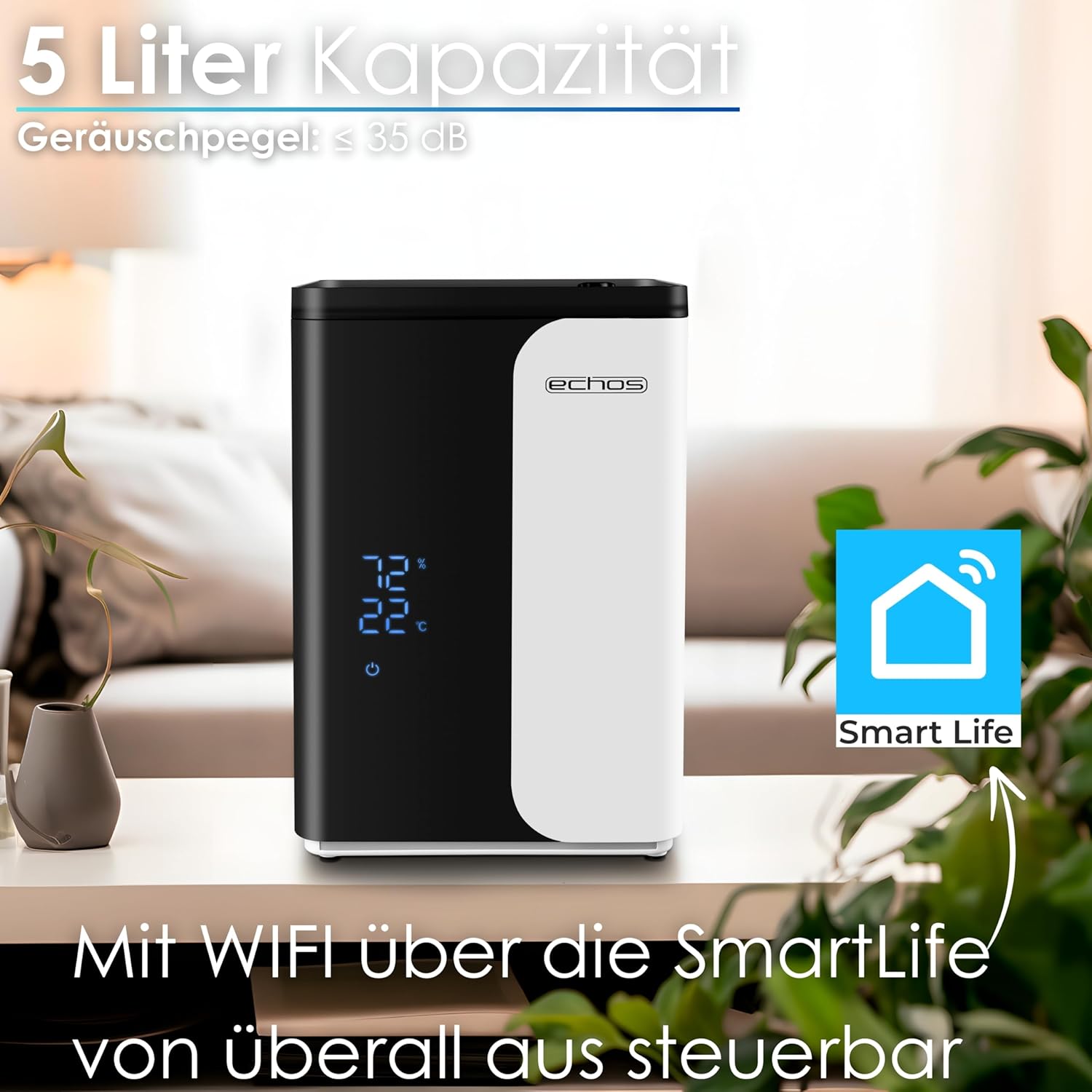 Ultraschall-Luftbefeuchter, 5 Liter, WiFi, Smart Life, App, Fernbedienung, Luftreiniger, Luftreiniger, integriertes Hygrometer, LED-Touch-Display, 12-Stunden-Timer, Nachtmodus, Warm- oder Kaltfunktion, HEPA-Filter – Bild 3