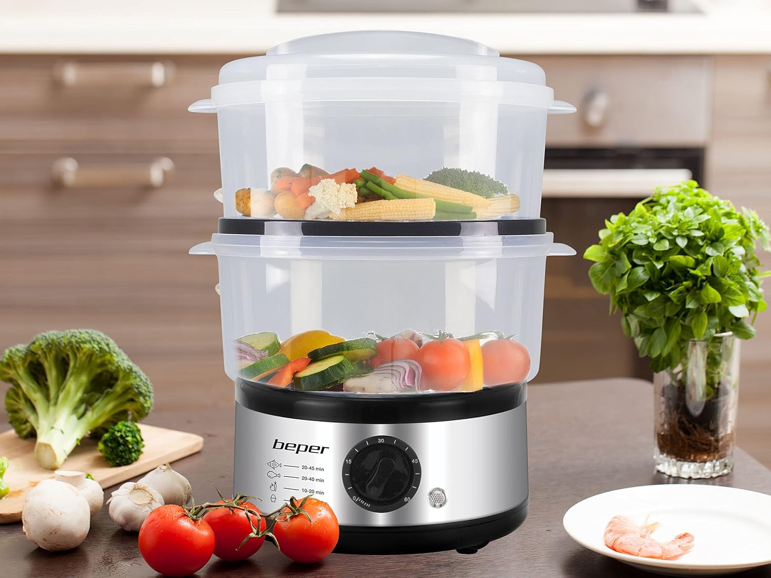 Beper – 5 l Multifunktions-Dampfgarer, kompakte Aufbewahrung, 60-Minuten-Timer, Leistung 400–500 W, – Silber und Schwarz – Bild 11
