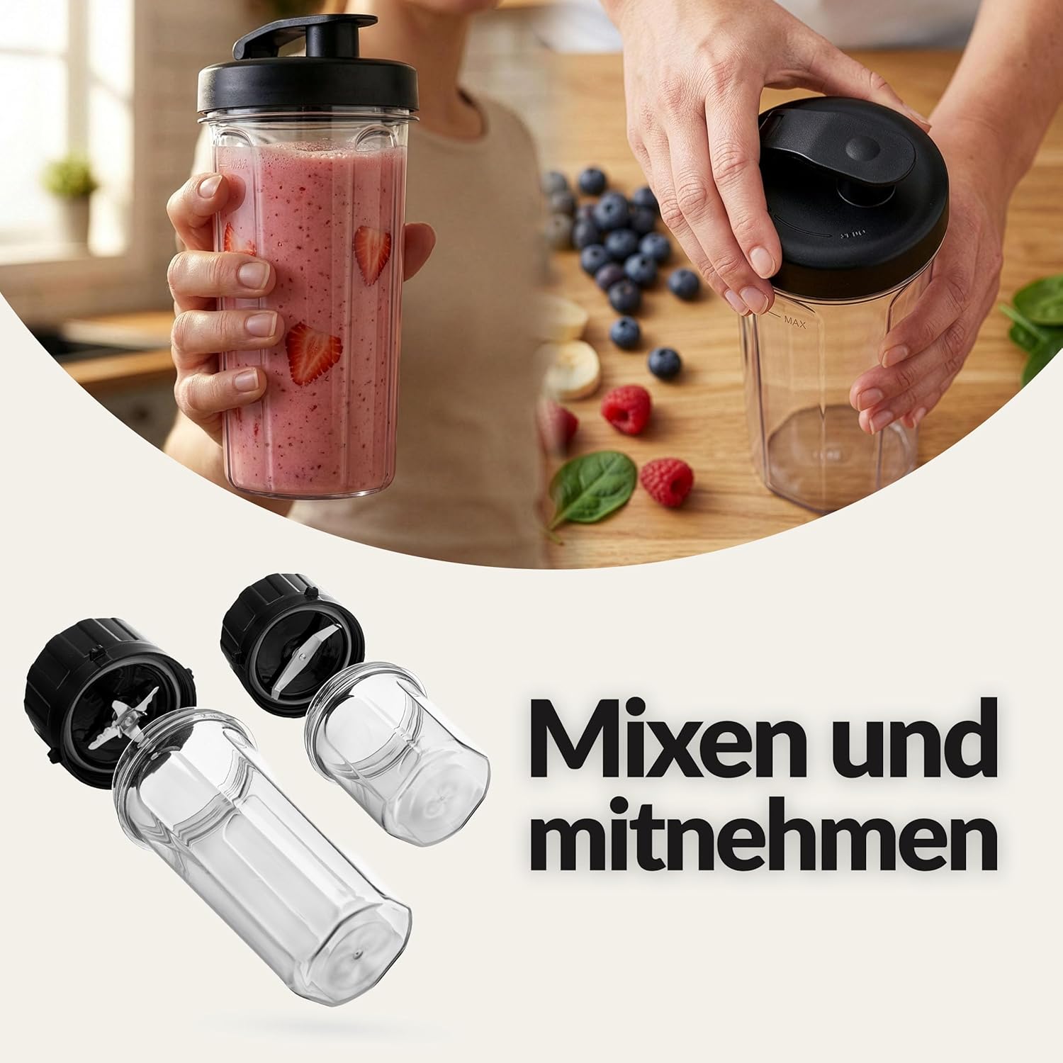 LEHMANN Standmixer 3-in-1 mit Glasbehälter 1,7 L, To-Go-Trinkflasche & Mahlwerk, 10 Geschwindigkeiten, Pulse, 3 Programme für Smoothie, Milchshake, Ice Crush, spülmaschinenfeste Teile, 1400 W – Bild 8