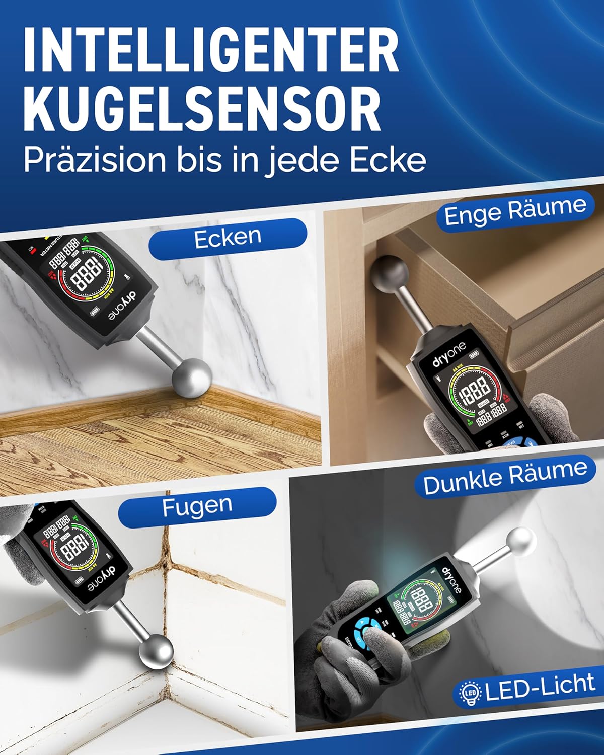 DryOne DetectX Feuchtigkeitsmessgerät für Wand, Holz, Mauerwerk, Estrich & Beton – Zuverlässige Messung & einfache Bedienung – Feuchtigkeitsmessgerät & Wandfeuchtemessgerät gegen Schimmel & Schäden – Bild 4