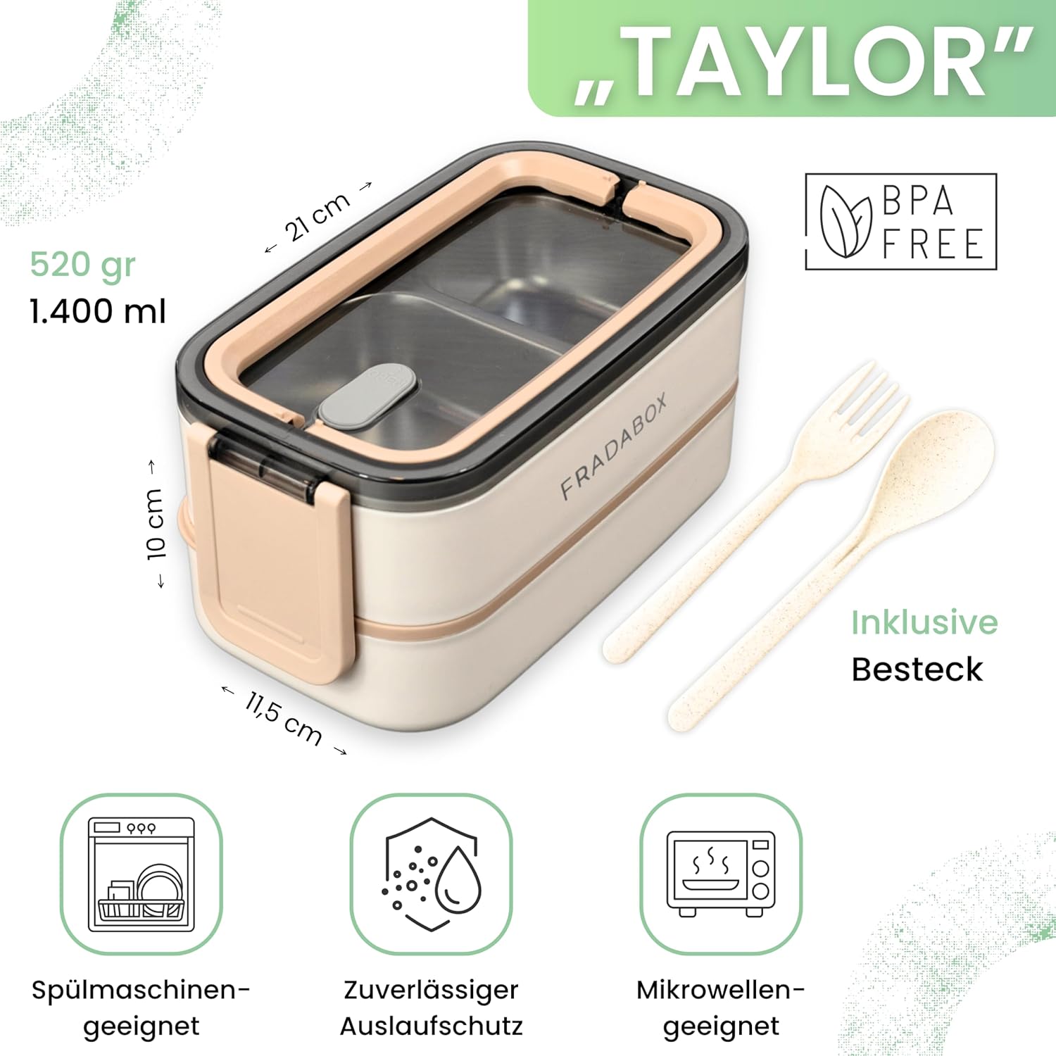 Bento Taylor Lunchbox, 2 Ebenen mit Fächern, Premium-Edelstahl, BPA-freie Lunchbox mit Besteck, ideal für Reisen, Meal Prep Bento Box für Erwachsene, auslaufsicher und mikrowellengeeignet – Bild 2