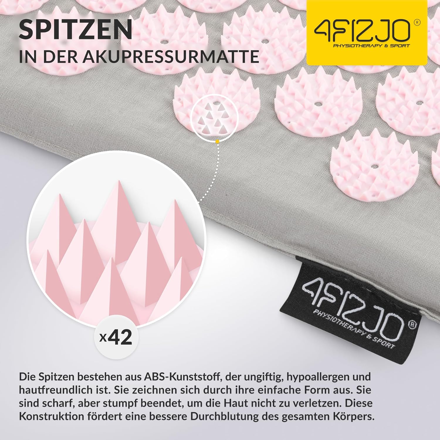 4FIZJO Akupressurmatte & Kissen XL, 110 x 42 x 2 cm, mit Tragetasche, Polyurethanschaum, hypoallergen, 15330 Spikes, Massagematte für bessere Durchblutung, Muskelentspannung, Farbe: Grau und Rosa – Bild 5