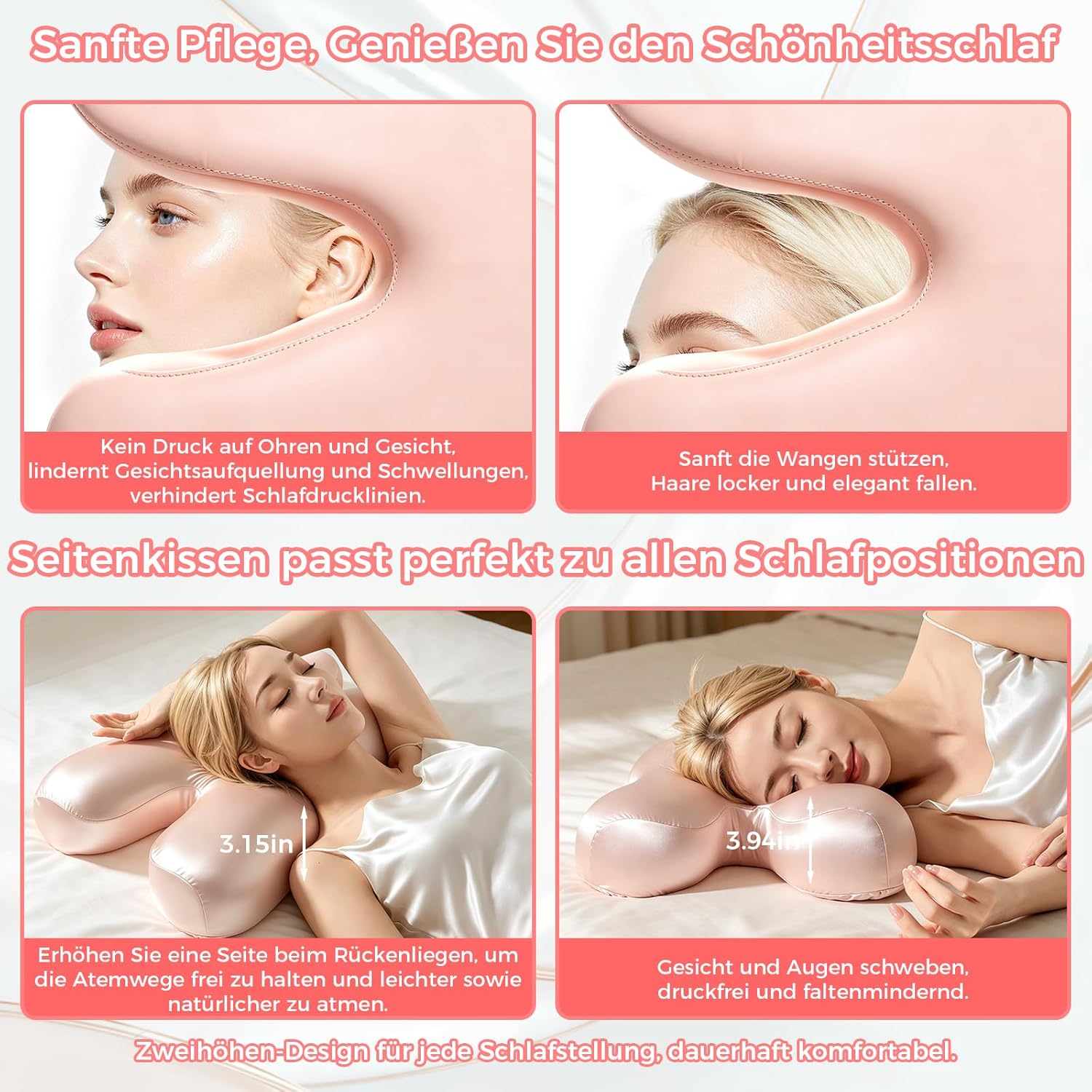 Seitenschläferkissen Anti-Falten, H-Form Schmetterlingskissen mit Bezug, Ergonomisches Memory Foam Nackenstützkissen Orthopädisch, Kopfkissen gegen Faltenbildung im Gesicht & Antitischnarch, Rosa – Bild 2