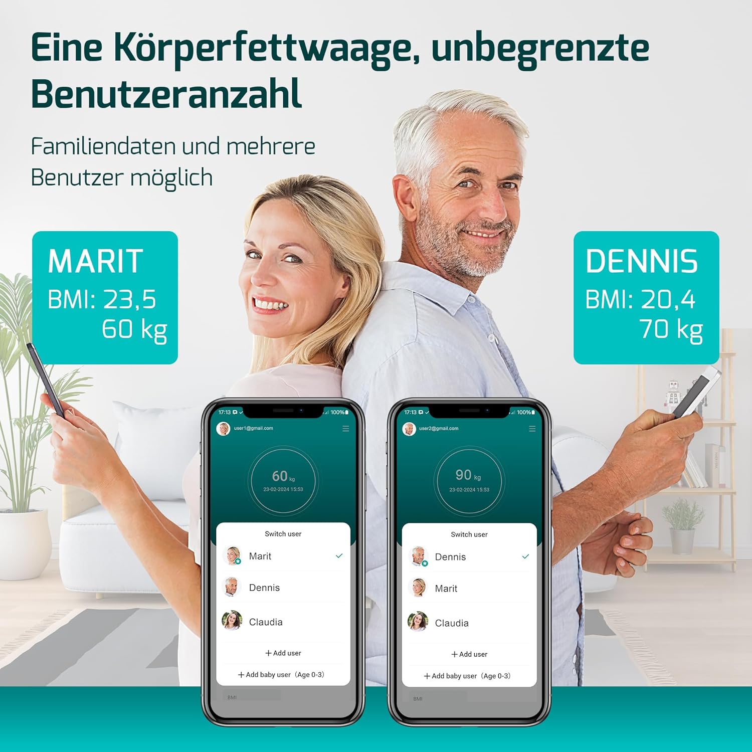 Persönliche Digitalwaage, bis 225 kg, Körperfettwaage mit 17 Körpermaßen, Körperanalyse mit App, Waage mit Körperfett und Muskelmasse mit großem LED-Display, Schwarz – Bild 3