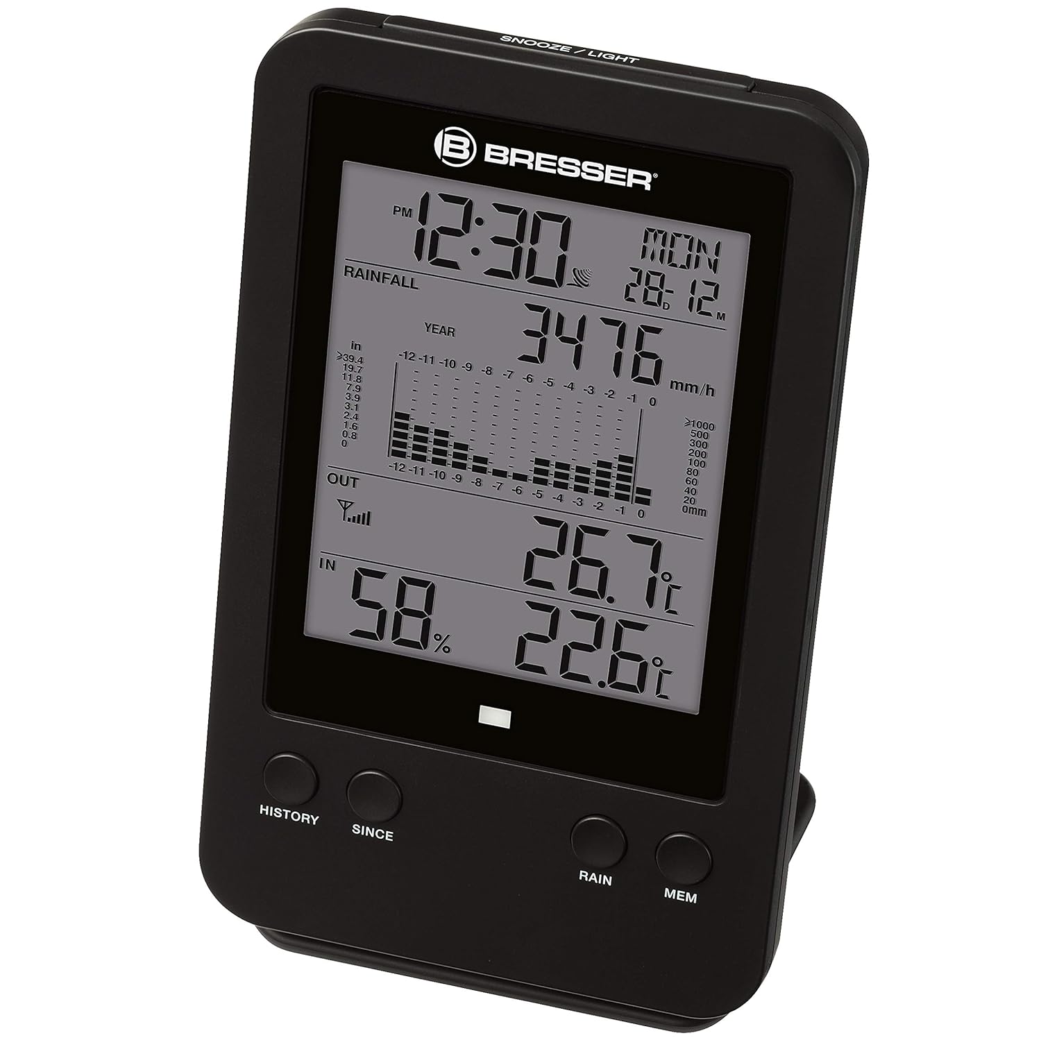 Bresser Wetterstation Funk mit Außensensor Professionelle Regenmessstation mit DCF-Funkuhr, Wecker mit Hintergrundbeleuchtung und Datenspeicherung von Minimal- und Maximalwerten – Bild 3