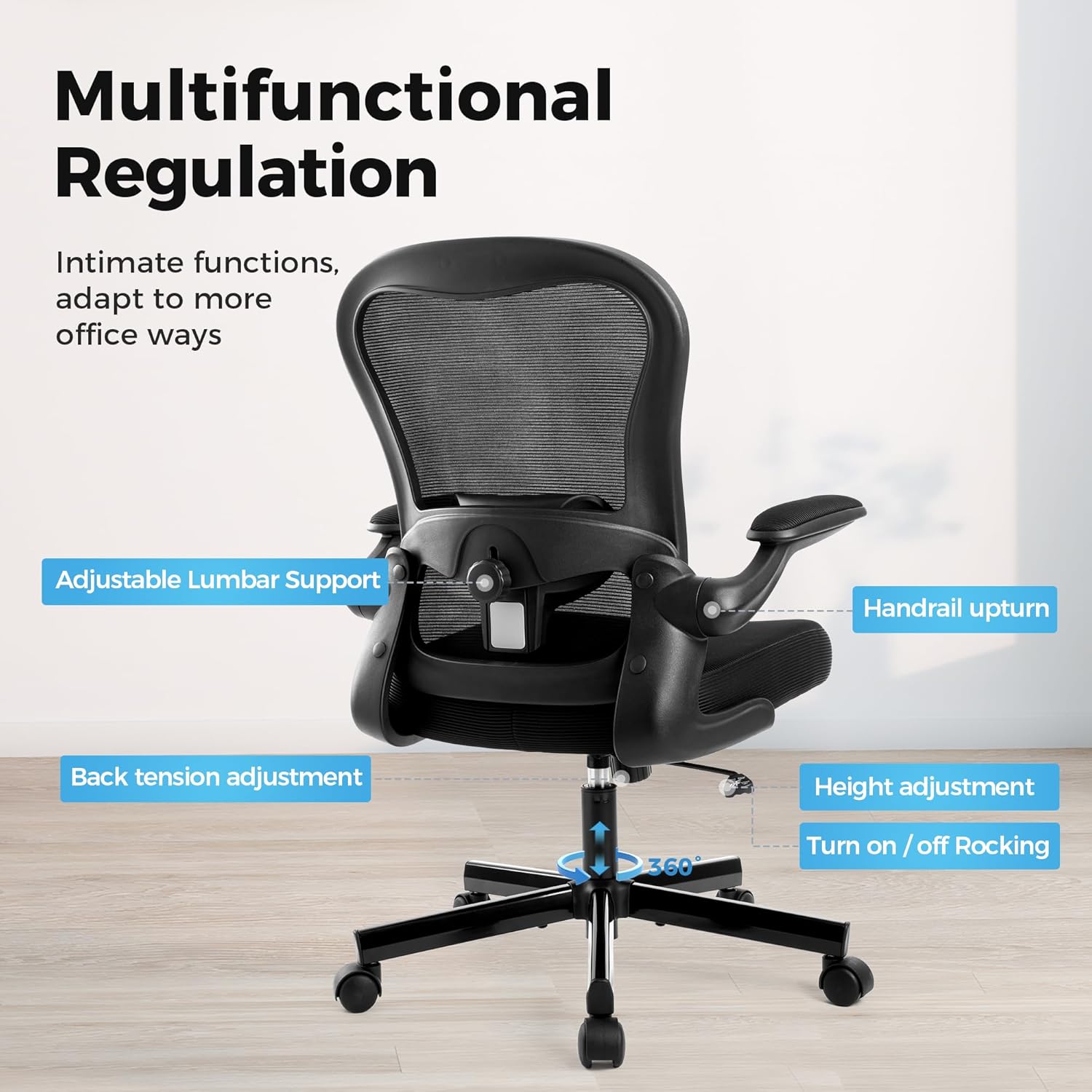 ALPHA HOME Bürostuhl, ergonomischer Schreibtischstuhl mit Lordosenstütze, höhenverstellbar, Netz-Bürostühle mit klappbaren Armlehnen, schwingende Rückenlehne für das Heimbüro – Bild 9