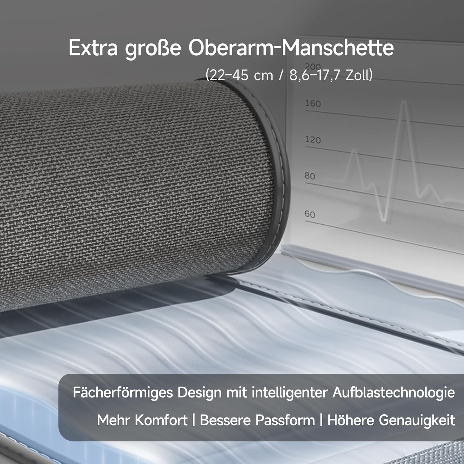 yuwell Intelligentes Oberarm-Blutdruckmessgerät mit Bluetooth, Manschette für 22-45 cm, Sprachübertragung, hintergrundbeleuchtetes Display, wiederaufladbarer Akku, App für iOS & Android (YE650AR) – Bild 3