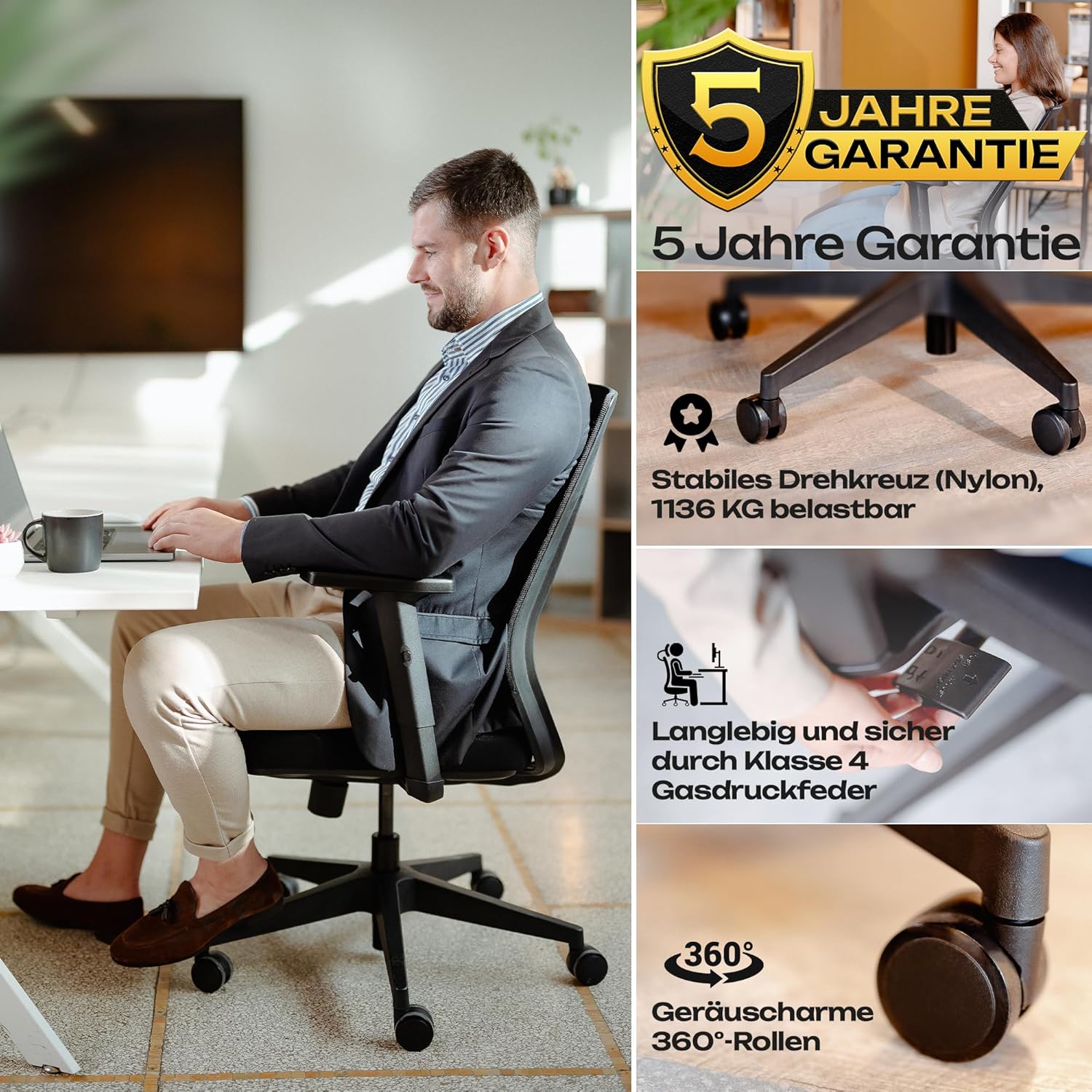 VALKENSTOL M2 Bürostuhl, ergonomischer Testsieger, verstellbar für maximale Bewegungsfreiheit, rückenschonende Bürostühle, Lordosenstütze, Schreibtischstuhl für Büro und Home-Office-Stuhl – Bild 6