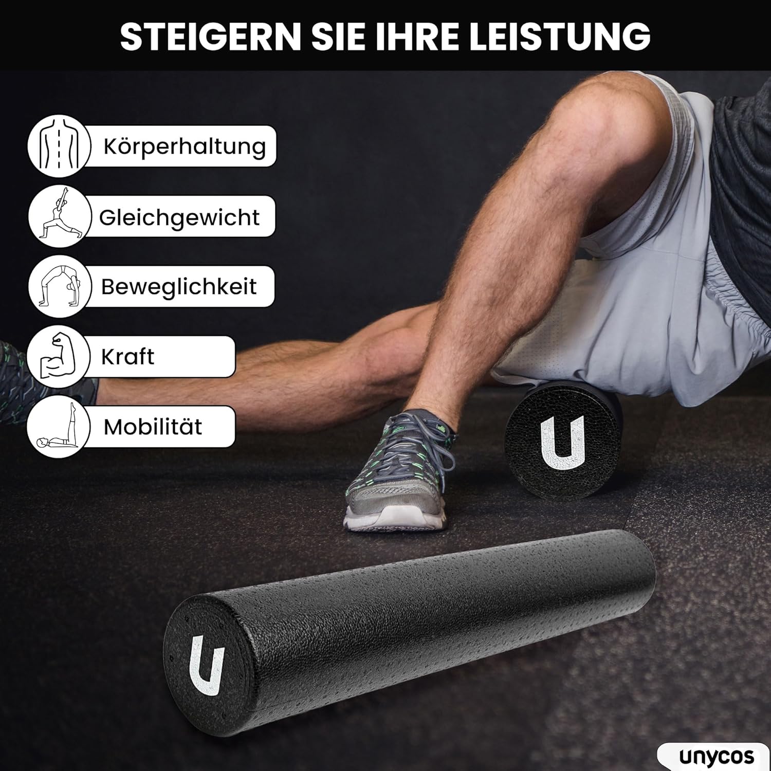 unycos – EPP-Massagerolle, leichte Schaumstoffrolle, Länge 90 cm, Durchmesser 15 cm, Zylinder für Triggerpunkt-Entlastung, Fitness, Pilates, Yoga, Fitnessstudio, Physiotherapie und Entspannung (schwarz) – Bild 2