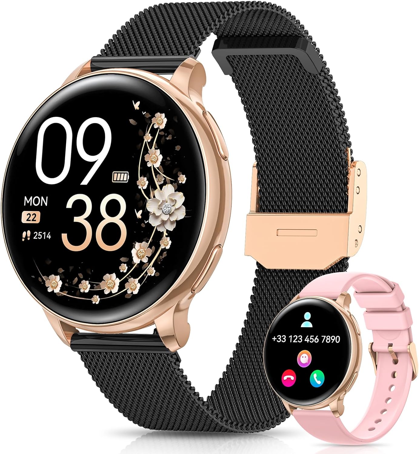 Damen Smartwatch 1,27 Zoll HD Fitnessuhr mit Telefonfunktion, Menstruationszyklus, 120+ Sportmodi, 24H Herzfrequenzmonitor, 24H SpO2, Schlafmonitor, Kalorien, Fitnesstracker, IP68 iOS Android Gold Schwarz