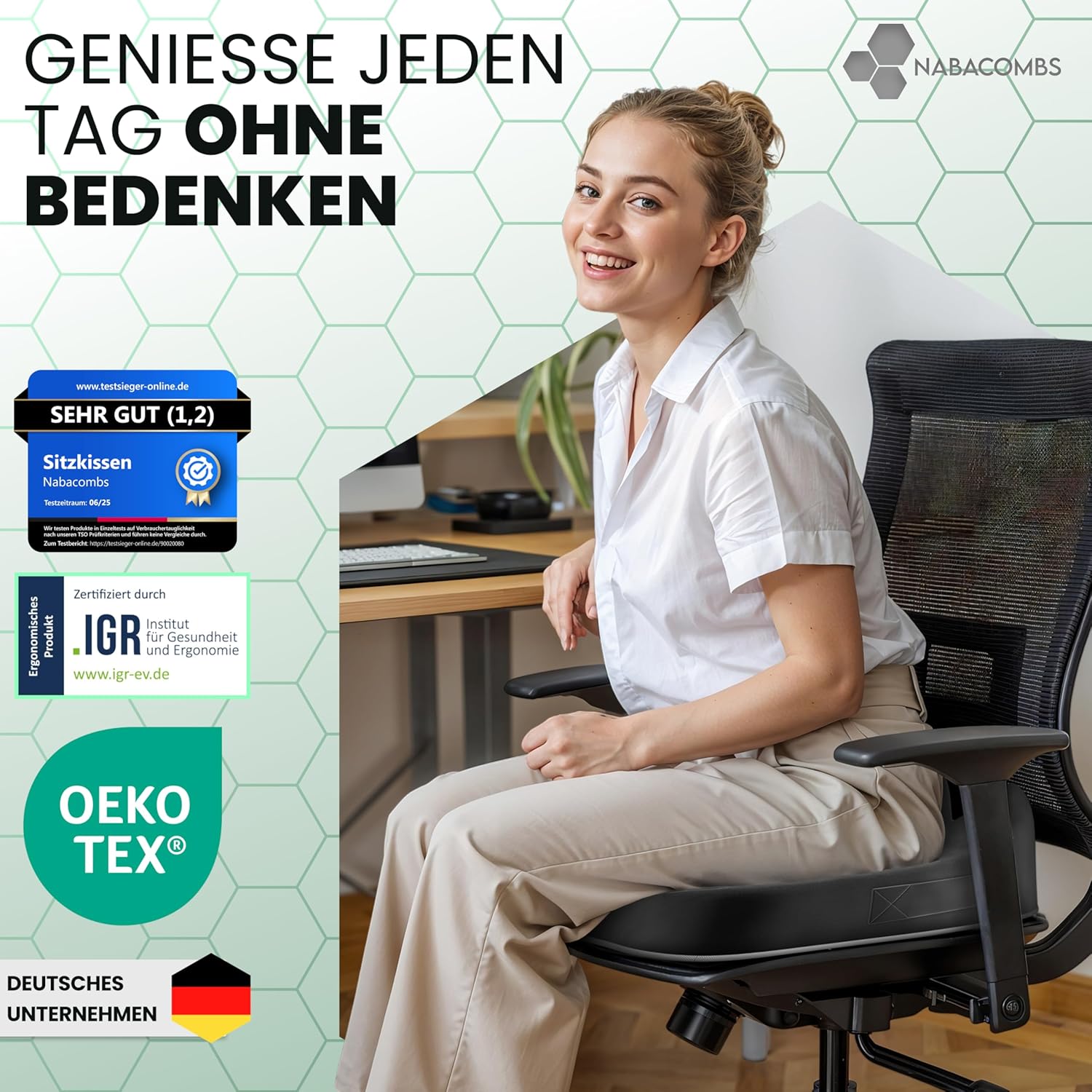 Orthopädisches Sitzkissen – ergonomisch, Memory-Schaum, entlastet Steißbein und Rücken, gebrauchsfertig – IGR-zertifiziert und Öko-Tex-zertifiziert, ideal für Büro, Auto, Reisen und Schwangerschaft – Bild 7