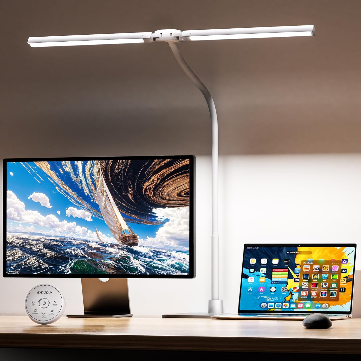 EYOCEAN Schreibtischlampe, Doppelkopf Schreibtischlampe Kinder, Augenschutz Schreibtischlampe, 16W 72cm Tageslichtlampe Schreibtisch mit Fernbedienung, Dimmbare Monitorlampe, Schwanenhals Bürotischlampe