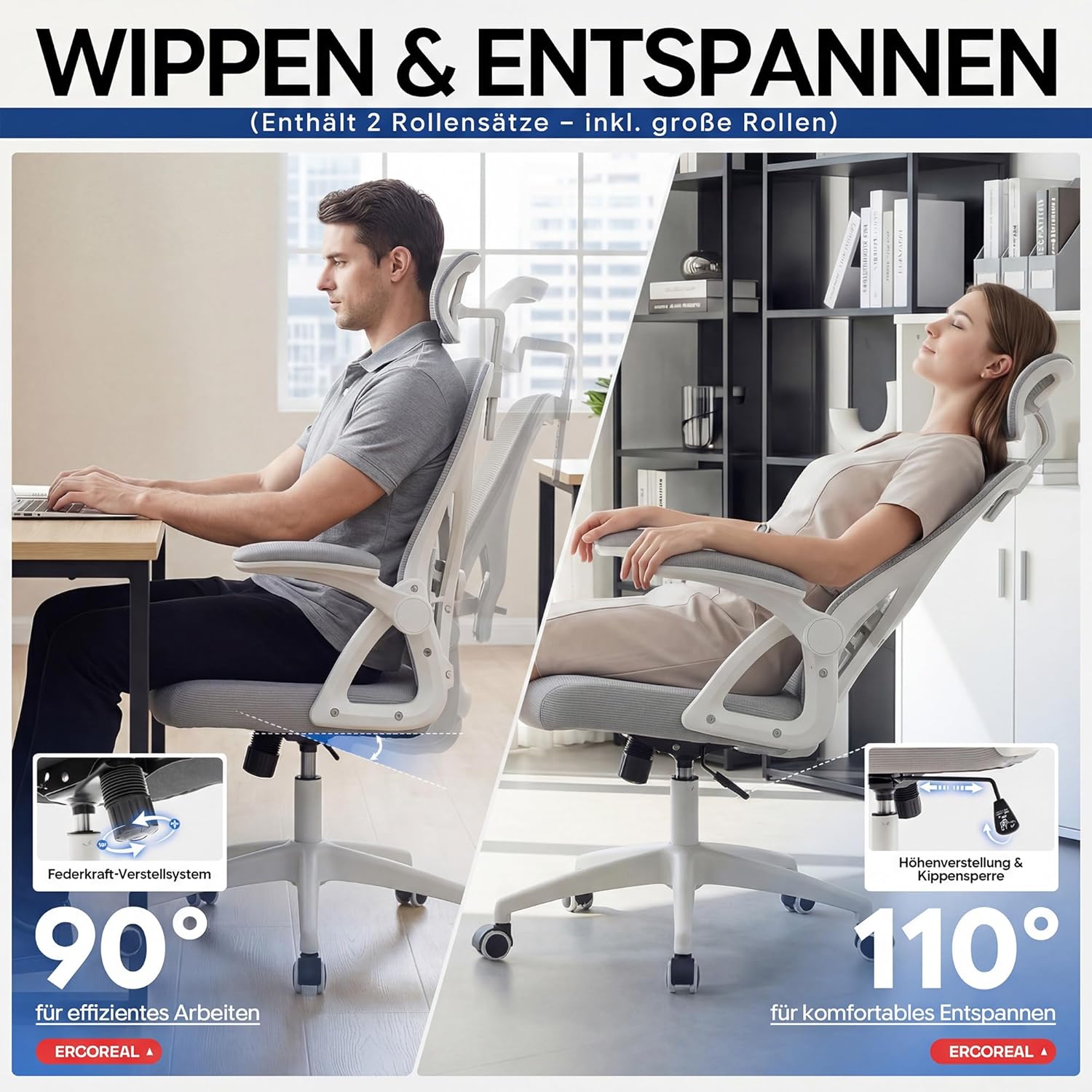 Ergonomischer Netz-Bürostuhl für das Heimbüro, mit verstellbarer Lordosenstütze & 2D-Kopfstütze, klappbaren Armlehnen, leisen PU-Rädern, stabiler Gasfeder Klasse 3, bis 150 kg (Grauweiß) – Bild 5