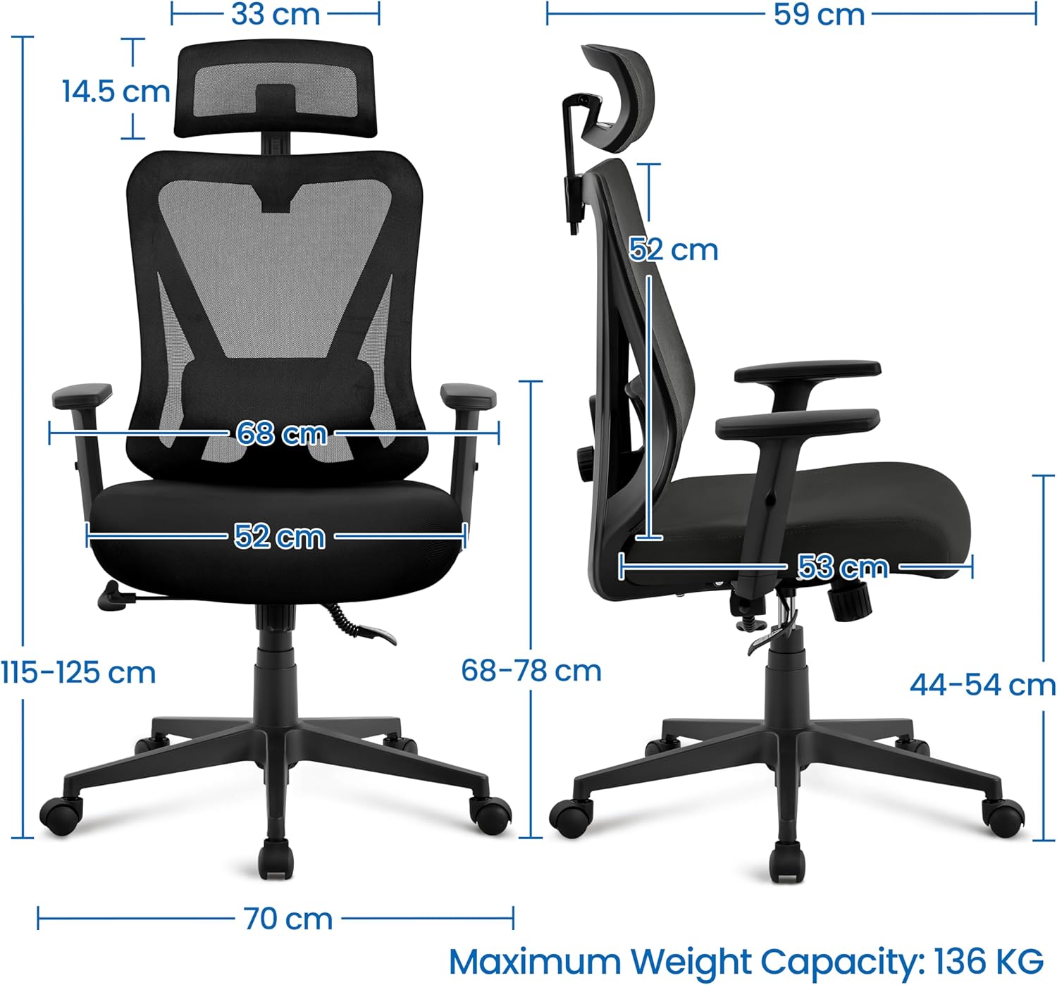 Yaheetech Bürostuhl, ergonomischer Schreibtischstuhl mit verstellbarer Kopfstütze und Lordosenstütze, atmungsaktiver Netzstuhl mit breiter Sitzfläche, S-förmige Rückenlehne, 360° drehbar, Schwarz – Bild 3