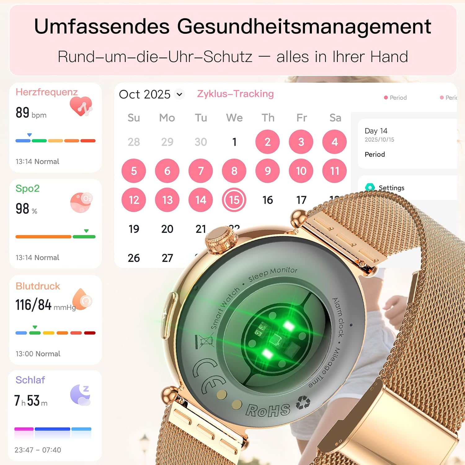 2026 Damen-Smartwatch mit EKG/Blutdruck/B, 1,32 Zoll AOD-Gesundheitsuhr, AI-Zifferblatt und AI Smart Q&A, Bluetooth-Anrufe/Spо₂/Aρnοe/Schlaf/Puls/HRV/BMI/Stress, 100+ Sportmodi, kleine runde Fitnessuhr – Bild 4