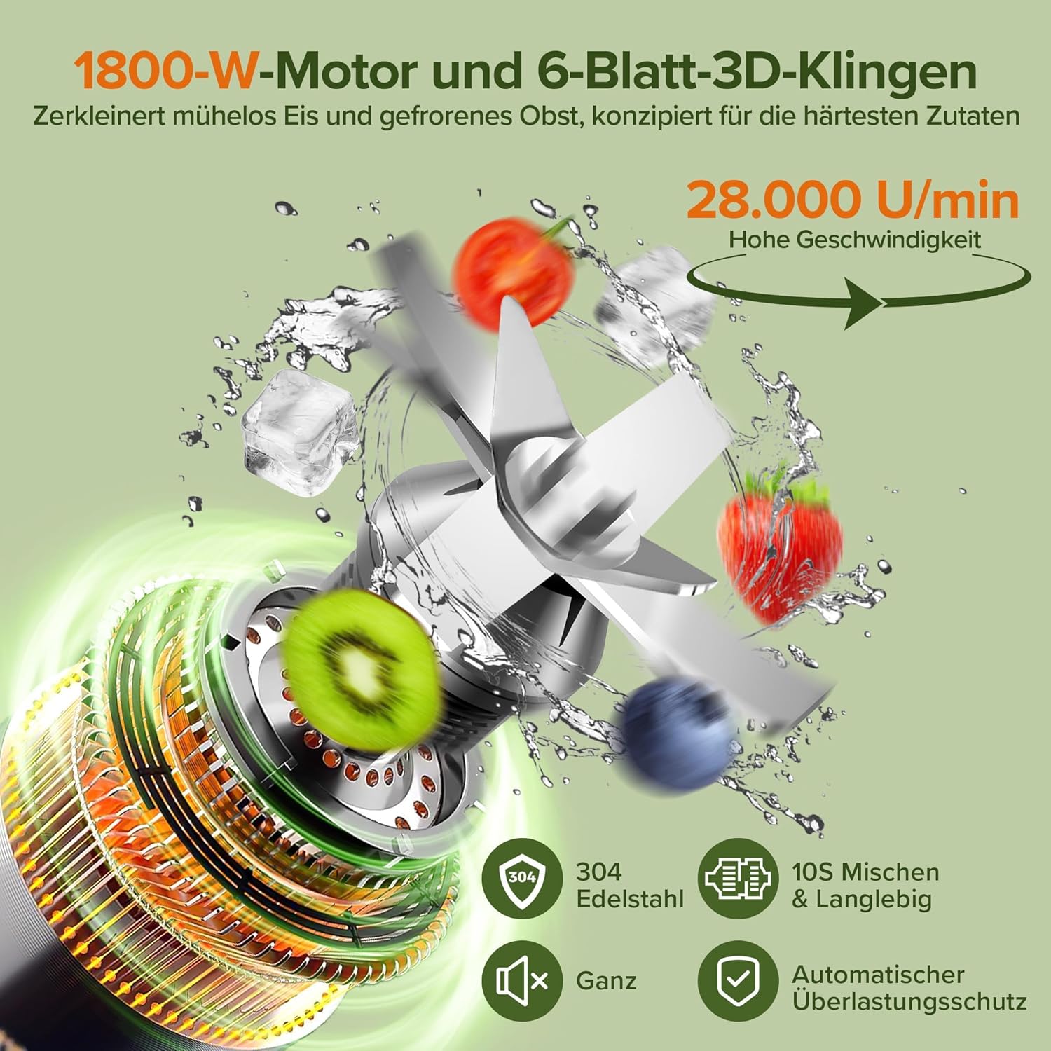 Teendow Standmixer, 1800 W Smoothie Maker, Tischmixer mit 2,0 Liter Behälter + 600 ml Kaffeemühle, geeignet zum Zerkleinern von Eis und gefrorenen Früchten, BPA-frei (Silber) – Bild 4